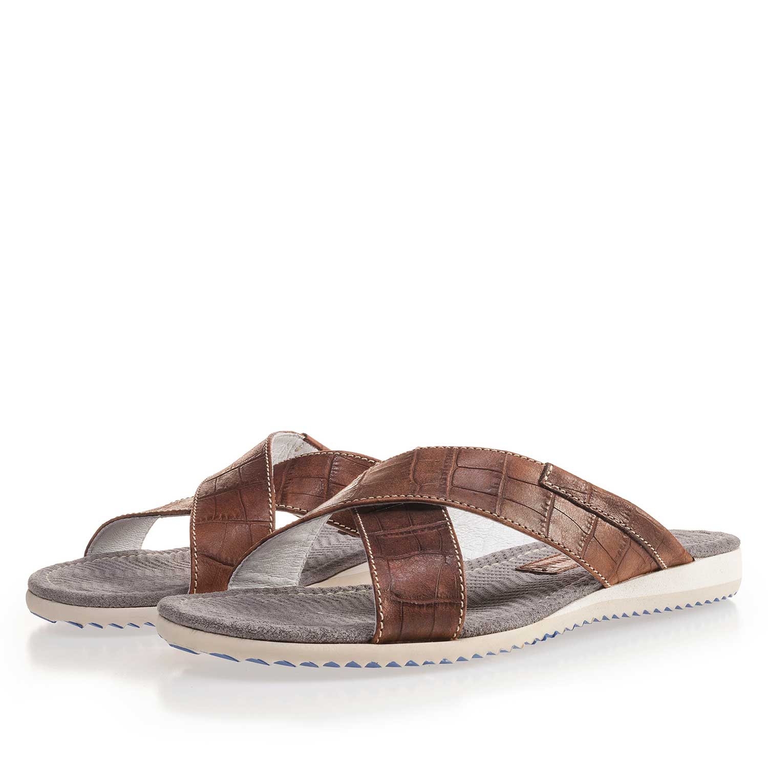 20023/20 - Cognackleurige leren kruisband slipper met crocopint 20023/20 - Cognackleurige leren kruisband slipper met crocopint