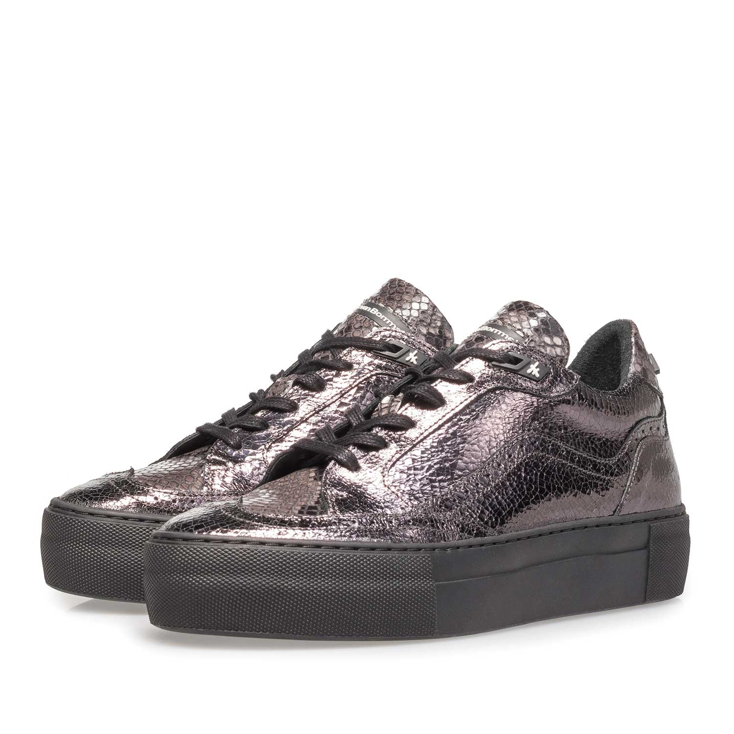 85282/02 - Donkerzilveren leren veterschoen met metallicprint 85282/02 - Donkerzilveren leren veterschoen met metallicprint