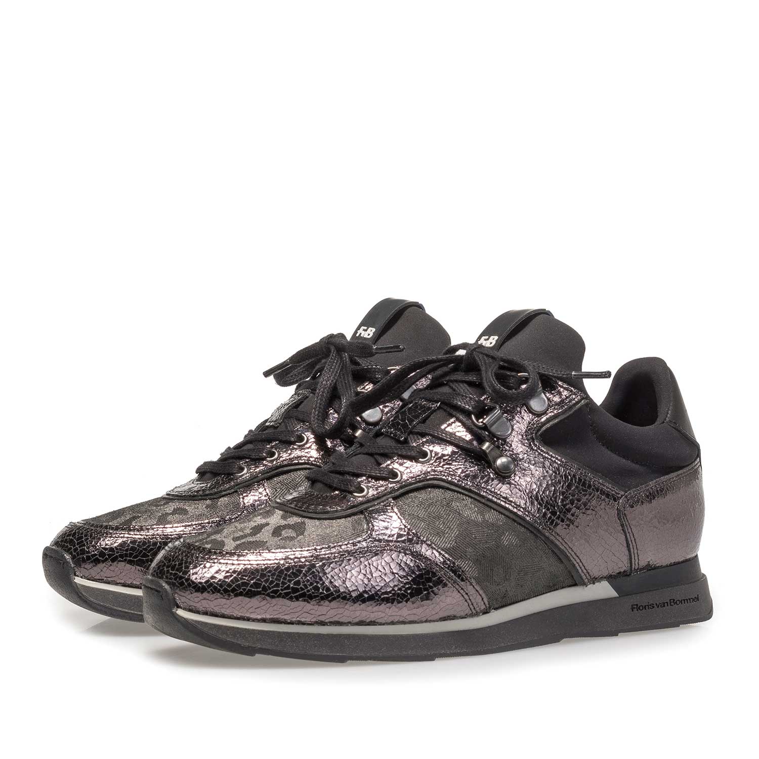 85278/03 - Donkergrijze leren sneaker met metallicprint 85278/03 - Donkergrijze leren sneaker met metallicprint