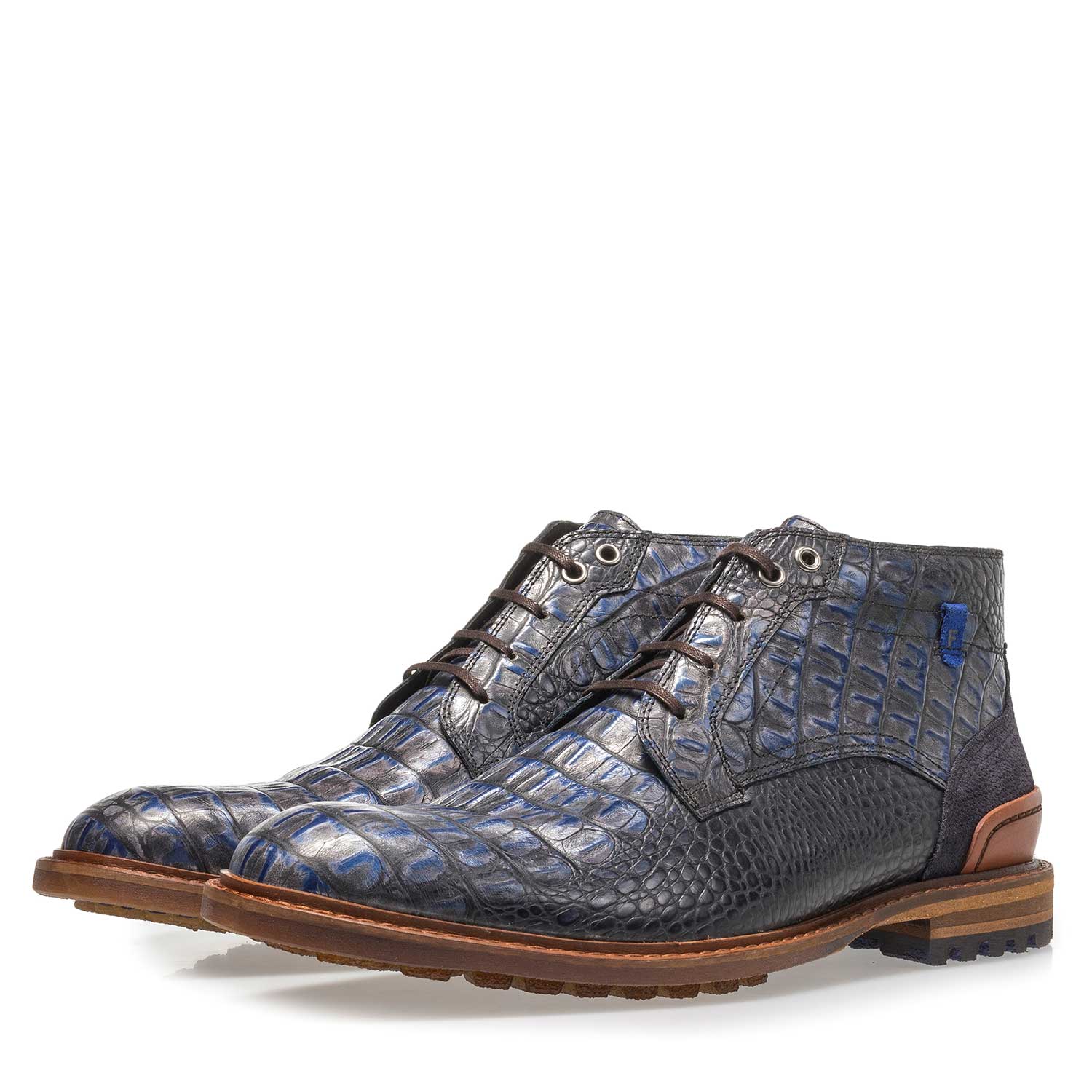 20228/23 - Blauwe leren veterboot met crocoprint 20228/23 - Blauwe leren veterboot met crocoprint