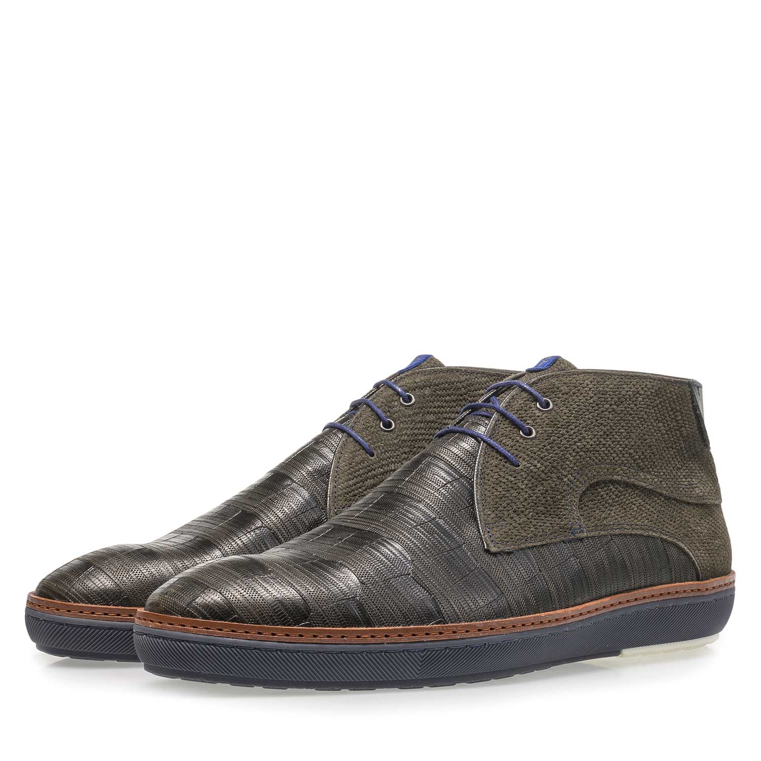 10015/08 - Donkergroene leren veterschoen met print 10015/08 - Donkergroene leren veterschoen met print