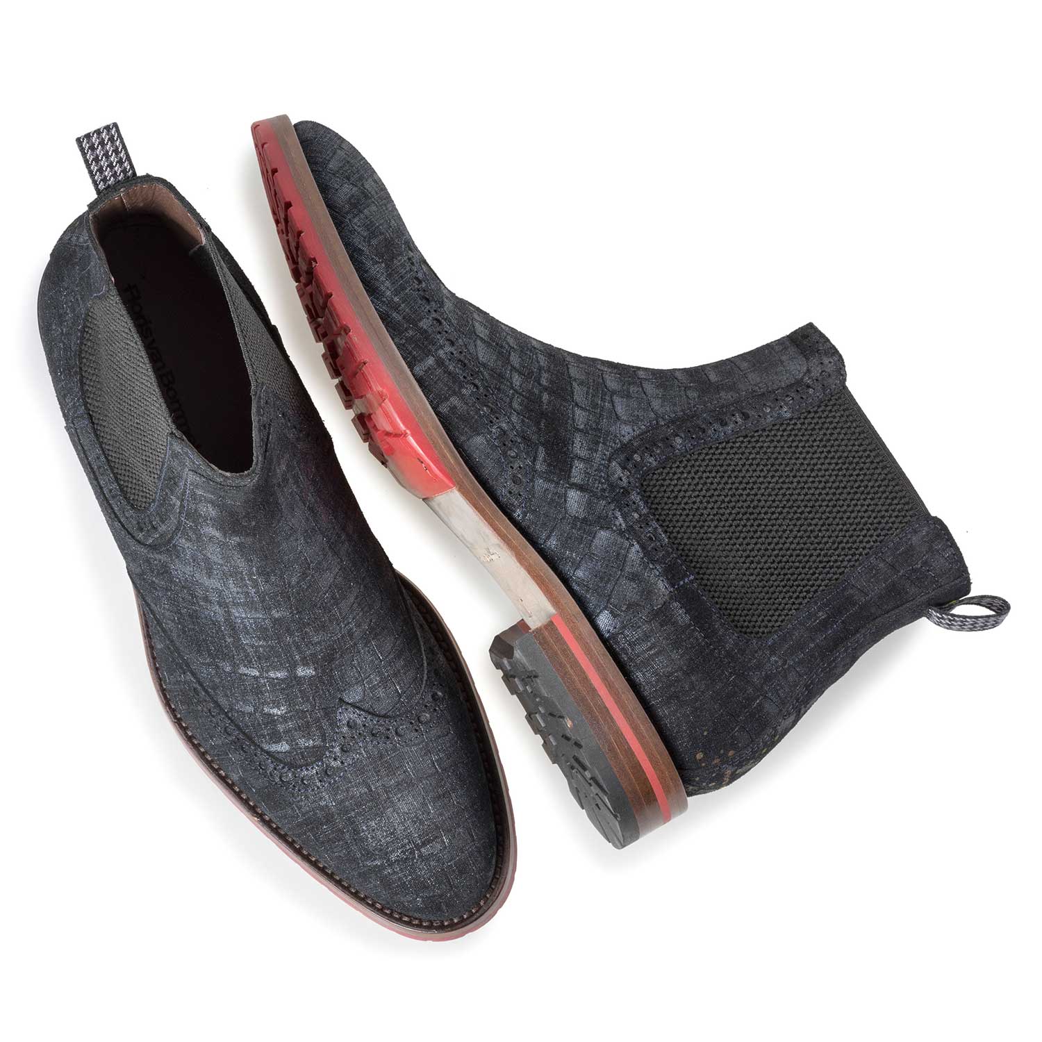10329/08 - Blauwe suède chelsea boot met geruit dessin 10329/08 - Blauwe suède chelsea boot met geruit dessin