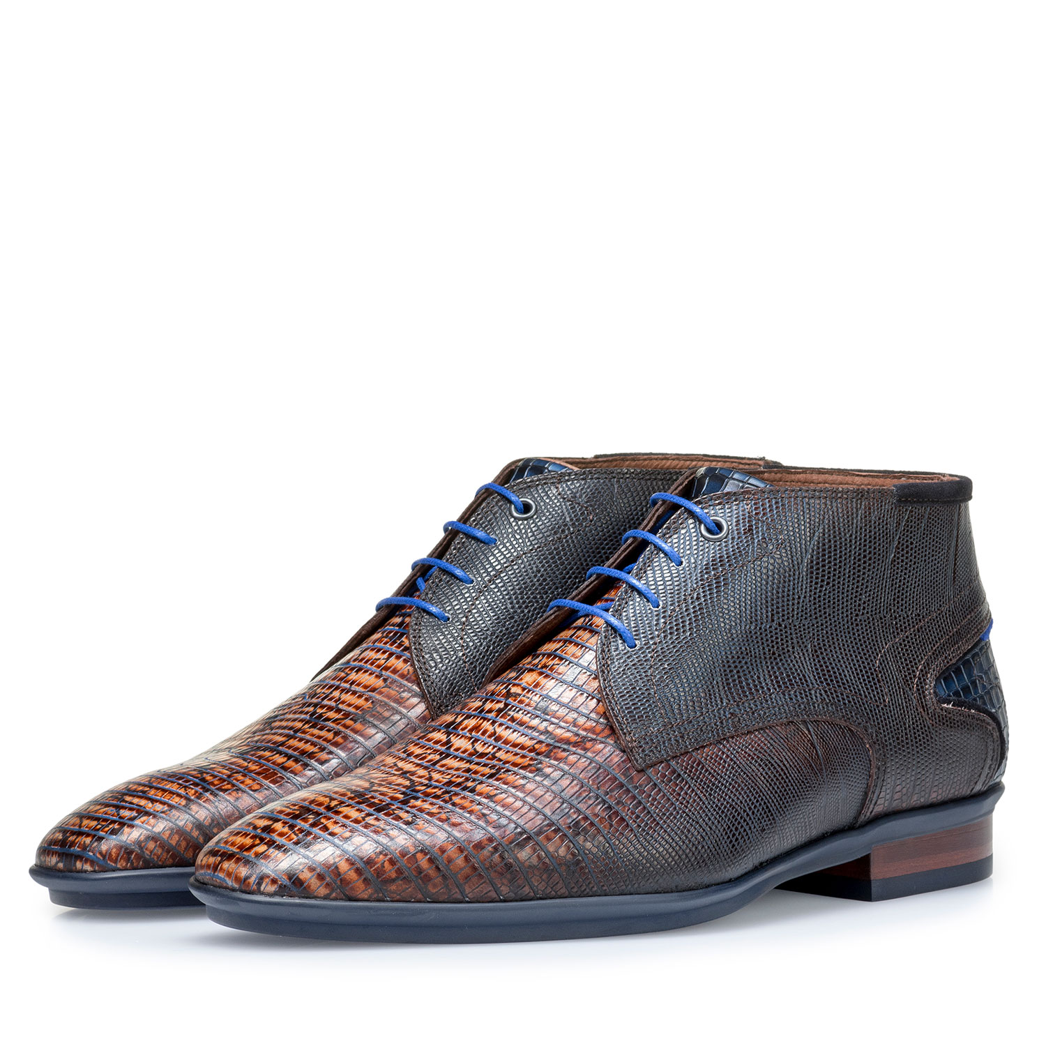 10131/10 - Kalfsleren veterschoen cognac met lizardprint 10131/10 - Kalfsleren veterschoen cognac met lizardprint