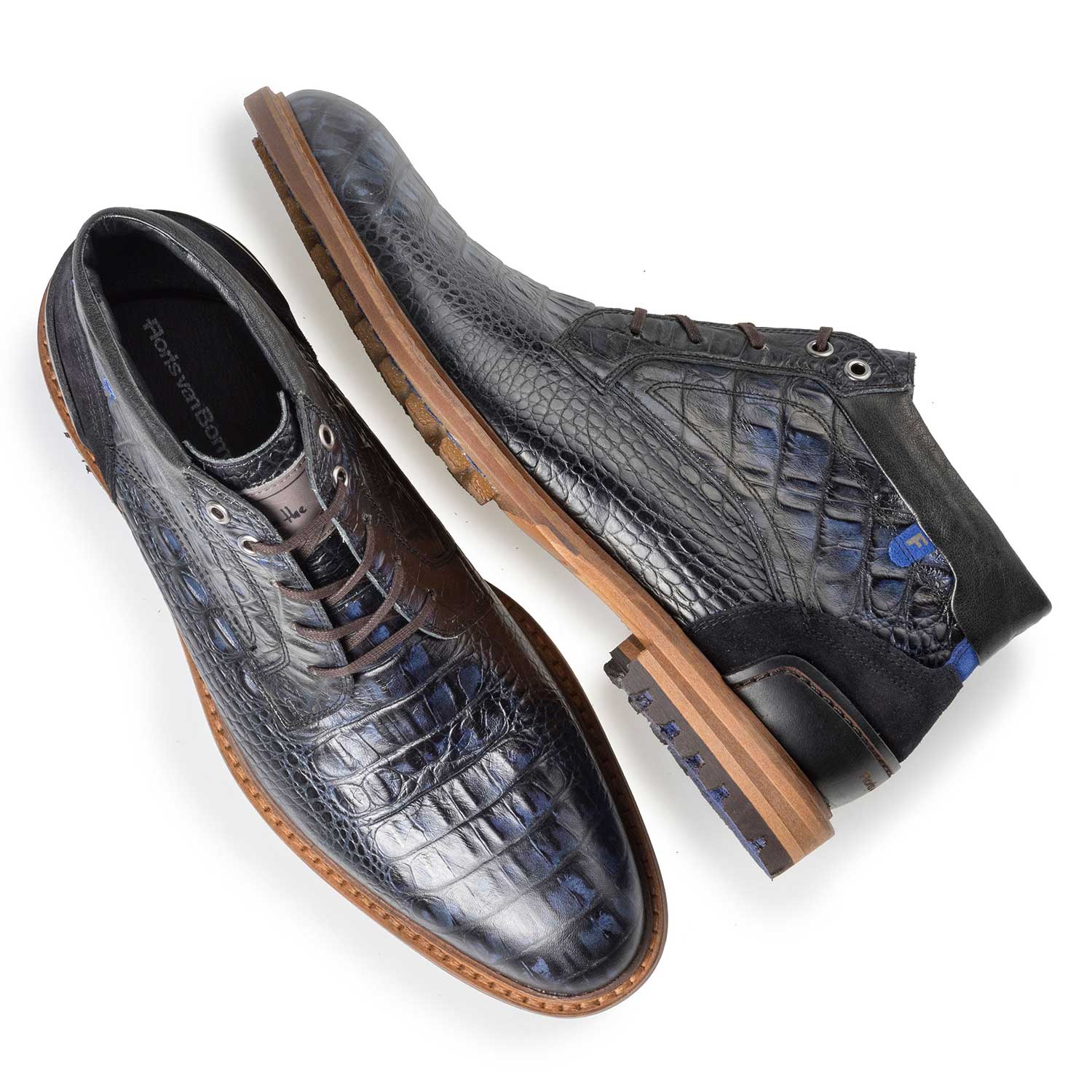 10228/13 - Blauwe leren veterboot met crocoprint 10228/13 - Blauwe leren veterboot met crocoprint