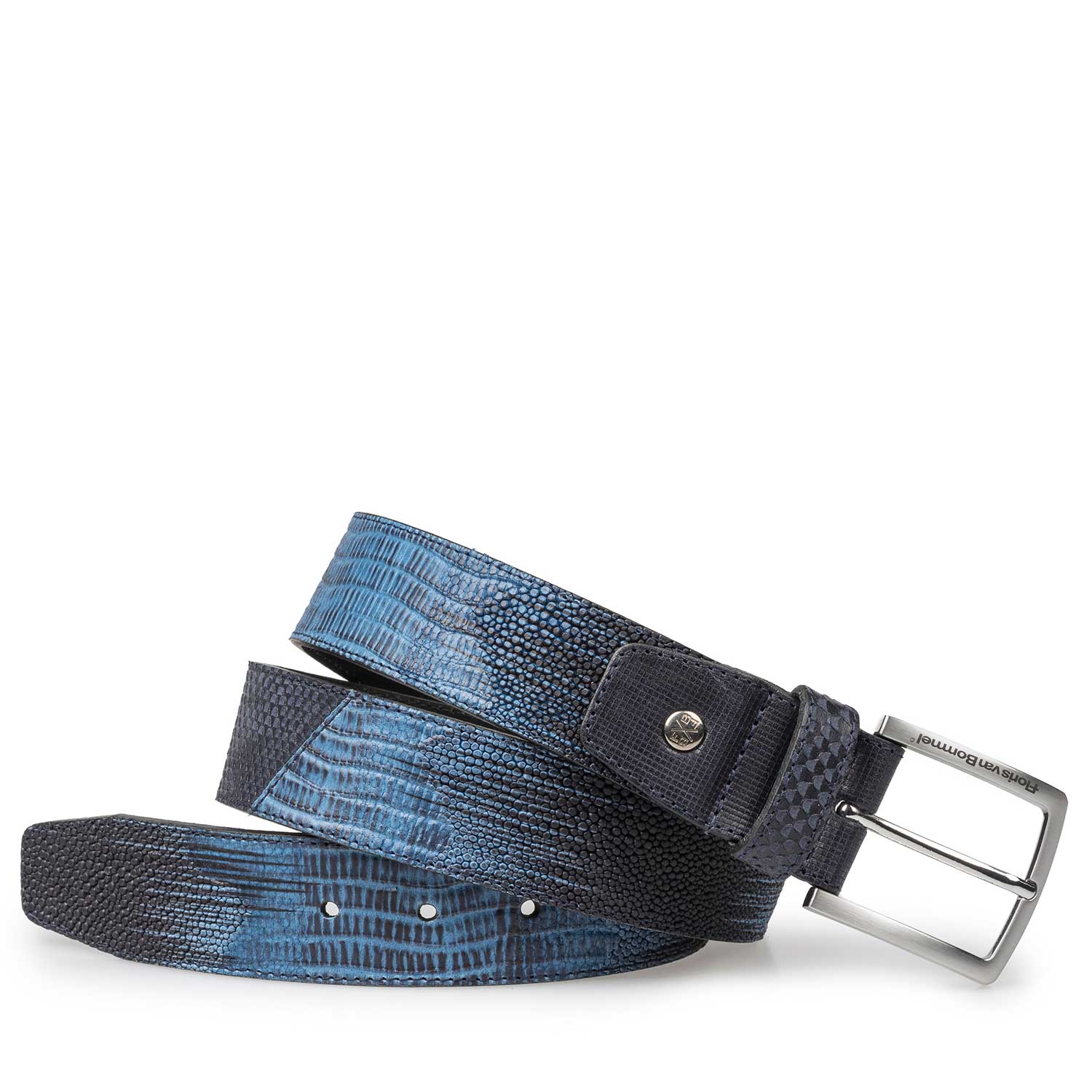 75161/11 - Blauwe leren riem met dessin 75161/11 - Blauwe leren riem met dessin