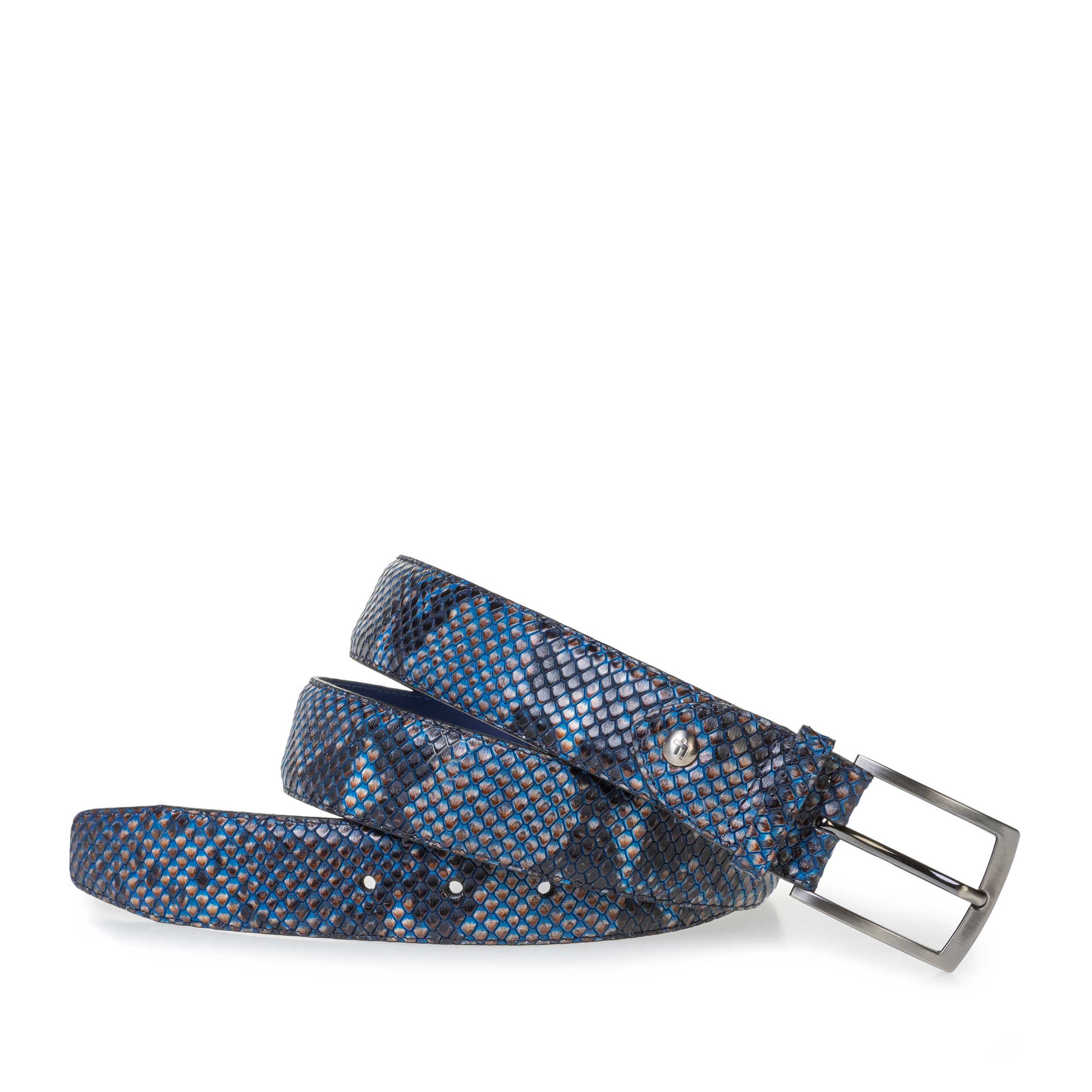 75200/80 - Blauwe leren riem met snakeprint 75200/80 - Blauwe leren riem met snakeprint