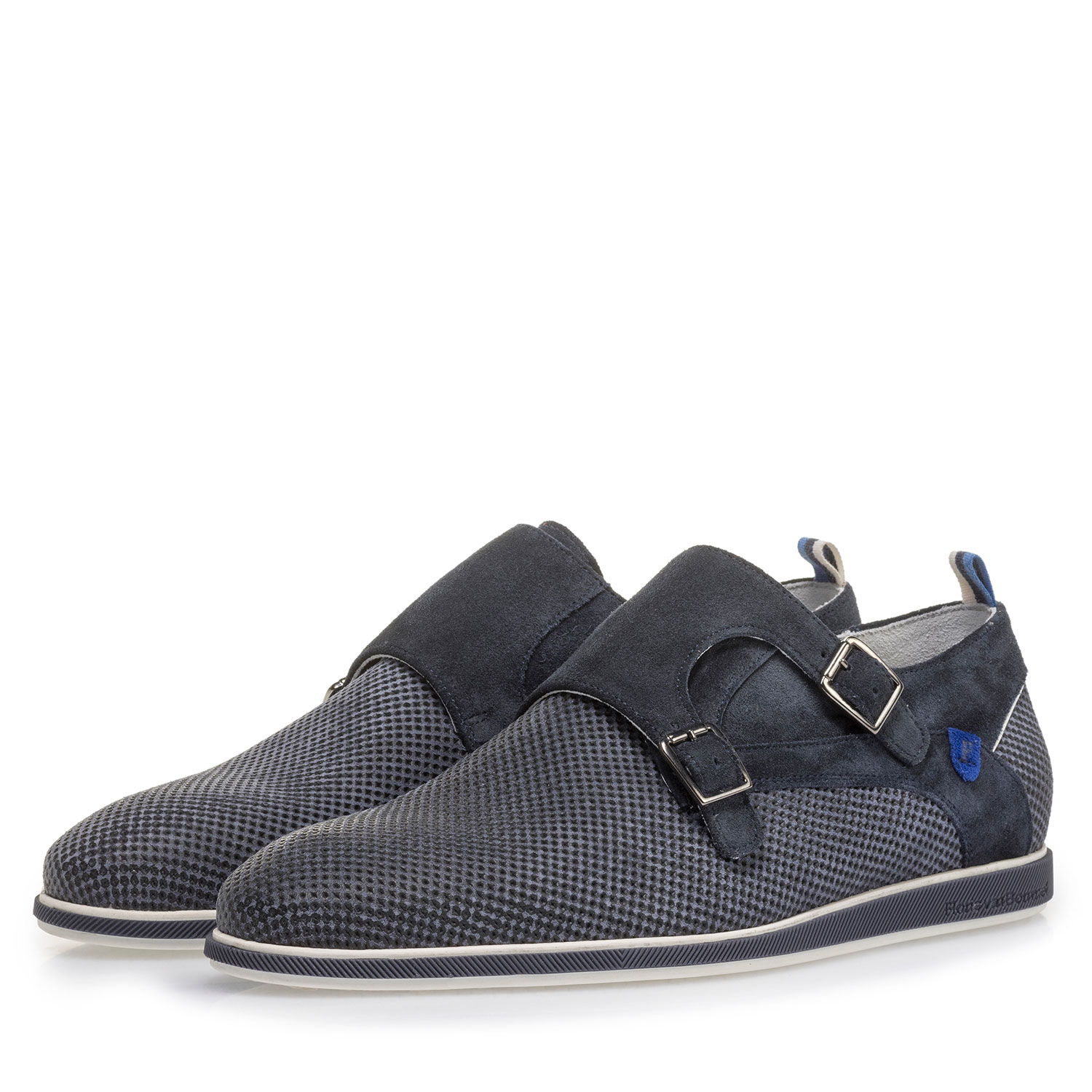 12201/13 - Dark blue suede leather monk strap with print 12201/13 - Dark blue suede leather monk strap with print