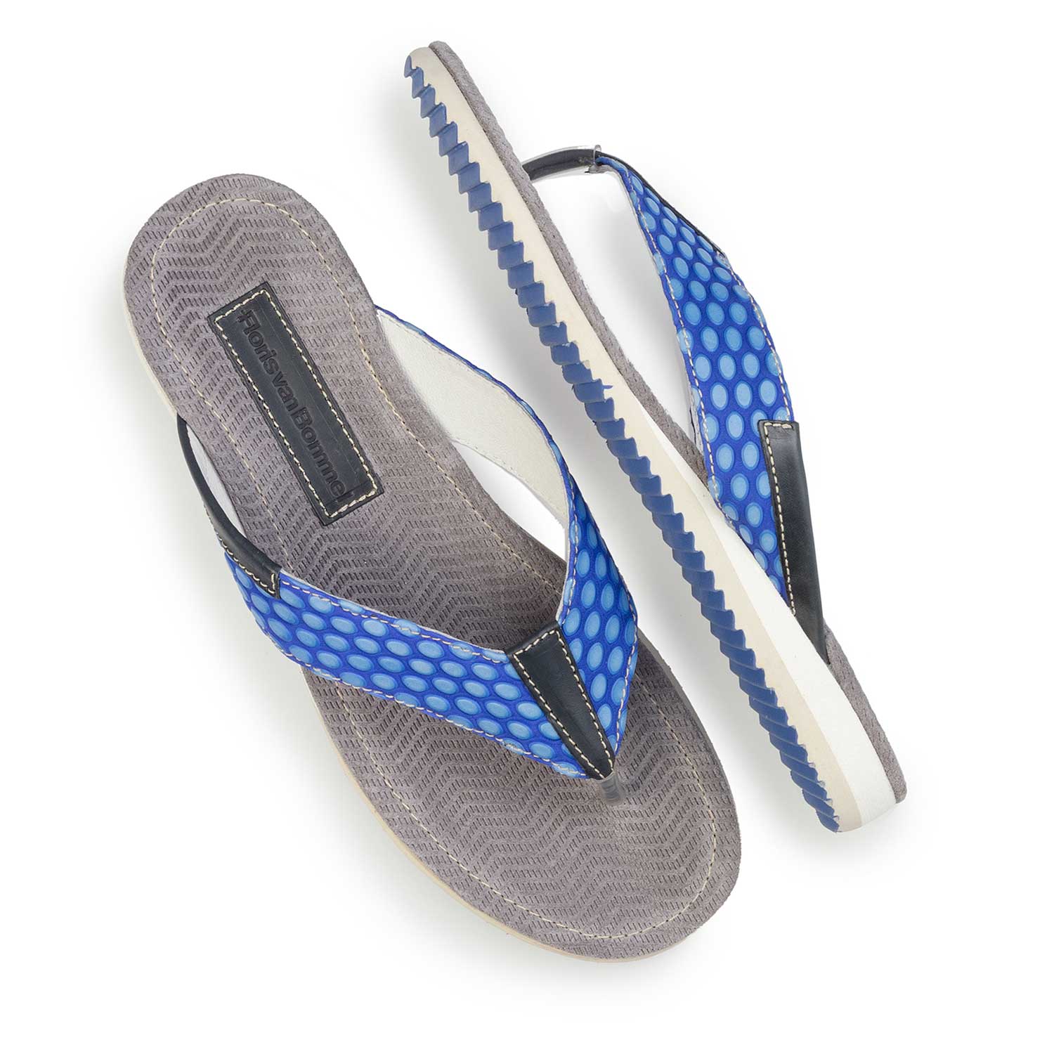 20022/22 - Kobaltblauwe leren teenslipper met print 20022/22 - Kobaltblauwe leren teenslipper met print