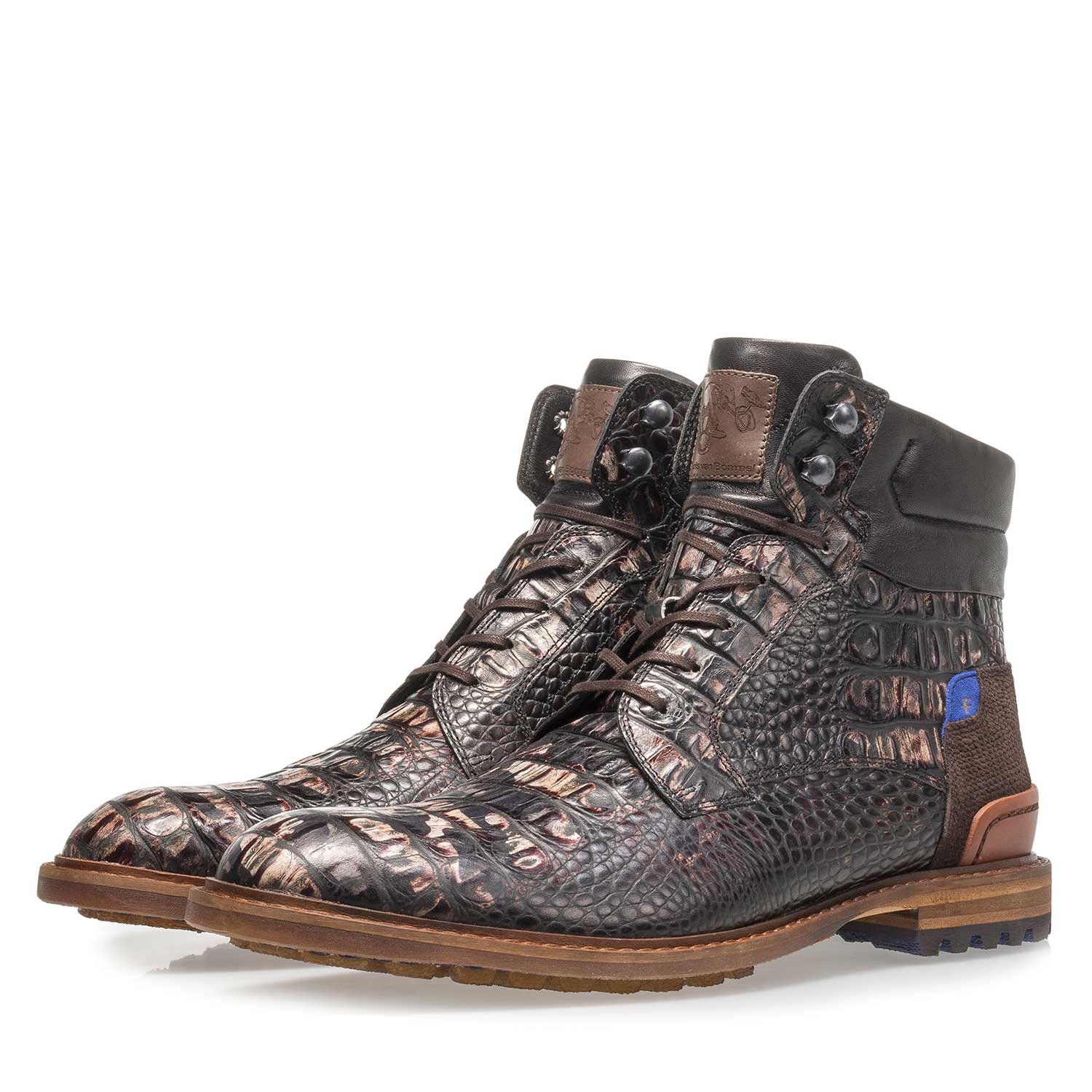 10234/18 - Dark brown leather lace boot with croco print 10234/18 - Dark brown leather lace boot with croco print