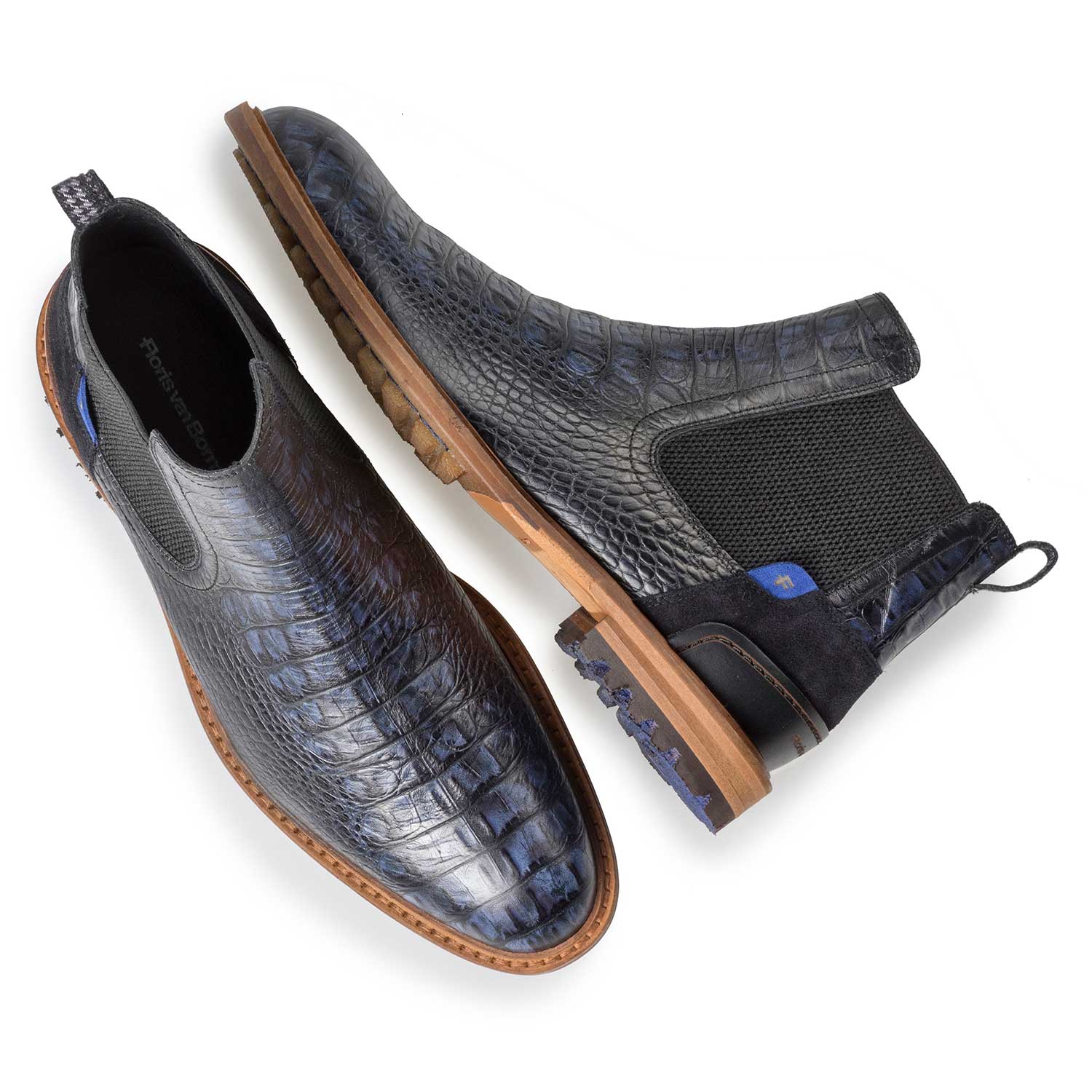 10230/13 - Blauwe leren chelsea boot met crocoprint 10230/13 - Blauwe leren chelsea boot met crocoprint