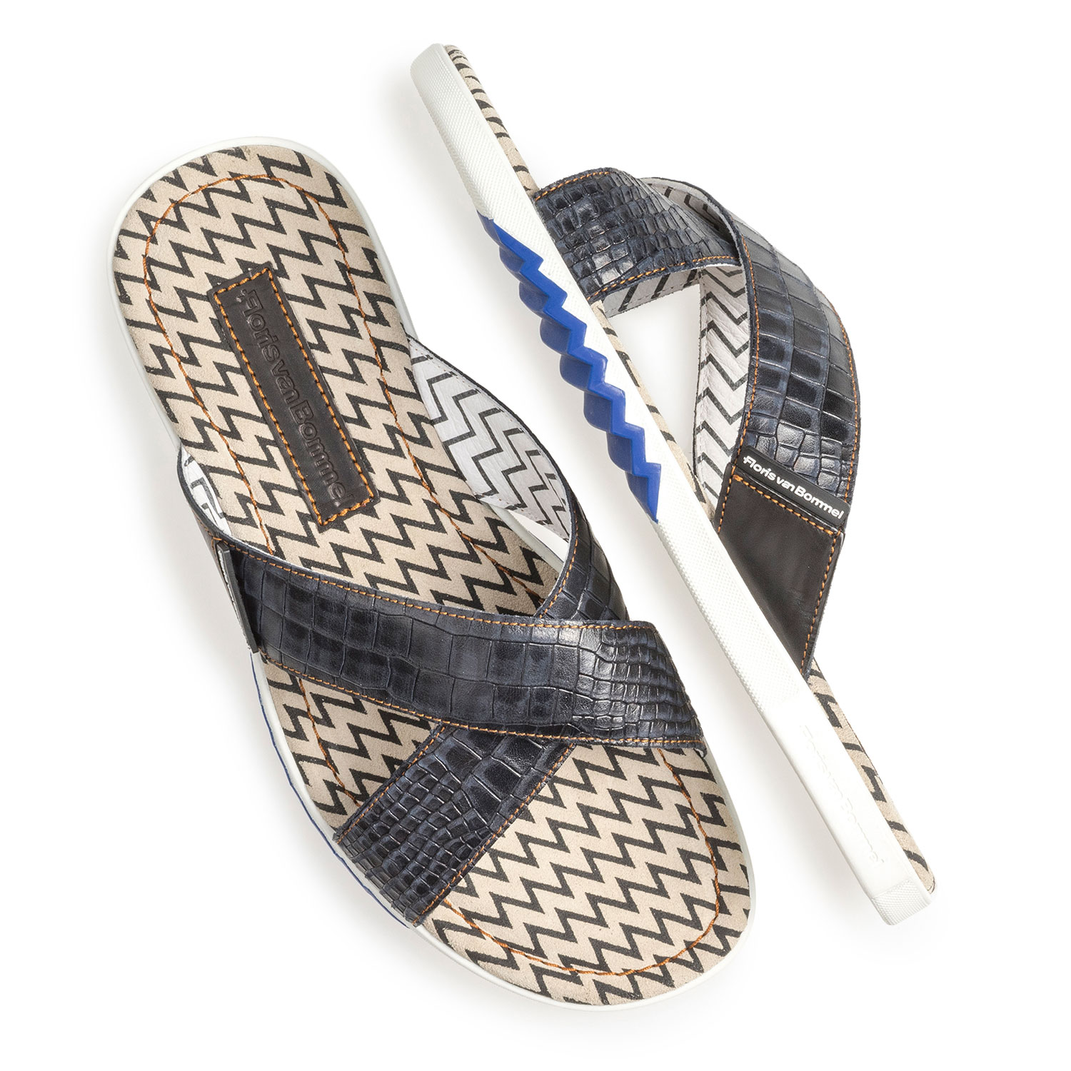 20200/12 - Dark blue nubuck leather cross strap slipper with print 20200/12 - Dark blue nubuck leather cross strap slipper with print