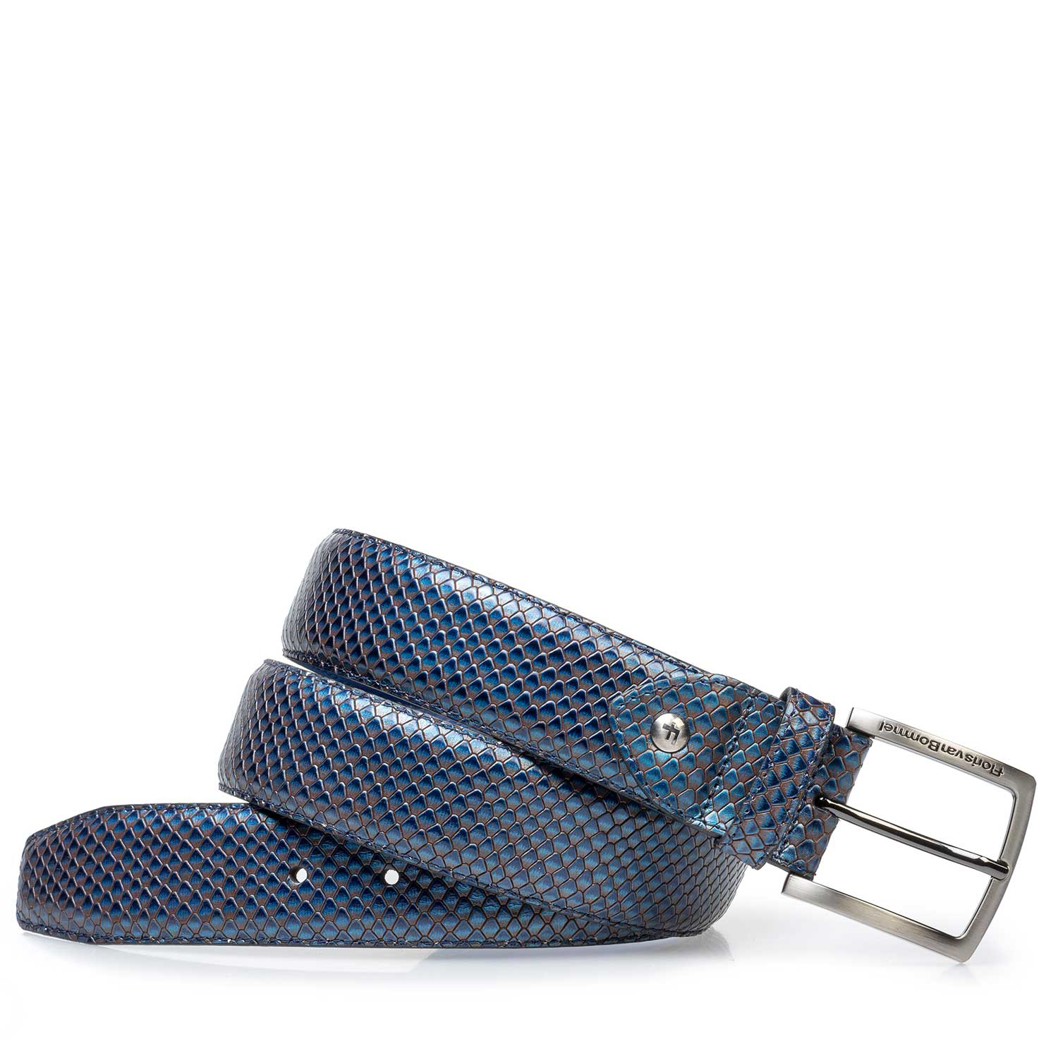 75202/17 - Premium blauwe metallic leren riem met print 75202/17 - Premium blauwe metallic leren riem met print