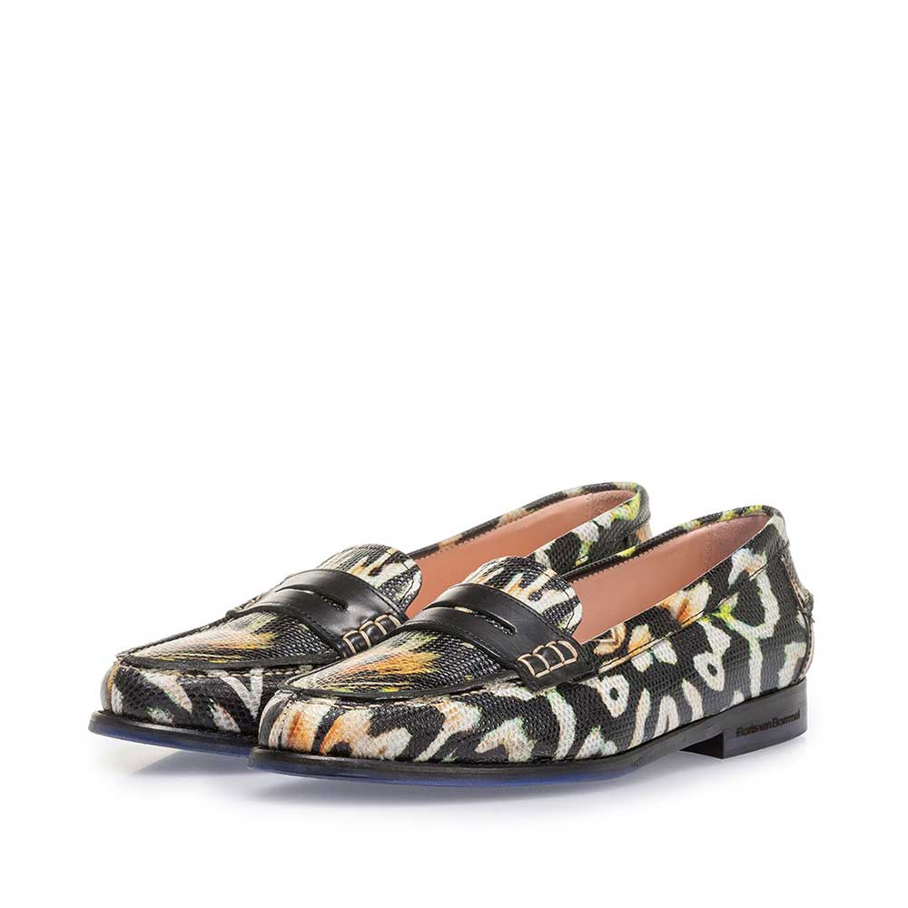 85409/14 - Zwarte leren loafer met oranje print 85409/14 - Zwarte leren loafer met oranje print