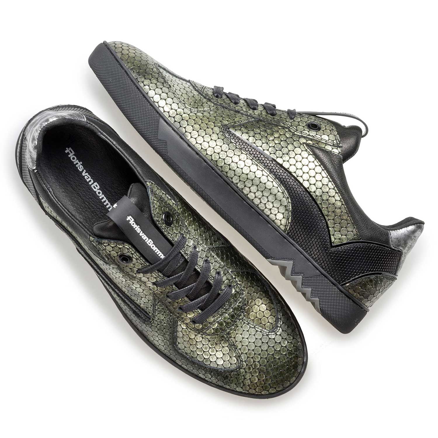 16242/08 - Groene metallic leren sneaker met print 16242/08 - Groene metallic leren sneaker met print