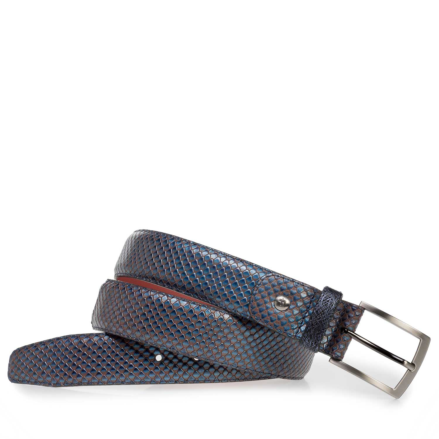 75188/49 - Premium blauwe kalfsleren riem met metallicprint 75188/49 - Premium blauwe kalfsleren riem met metallicprint