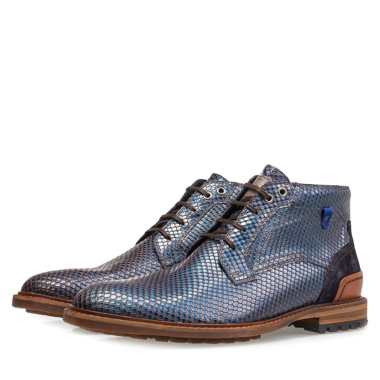 10683/01 - Premium blauwe metallic leren veterschoen met print 10683/01 - Premium blauwe metallic leren veterschoen met print