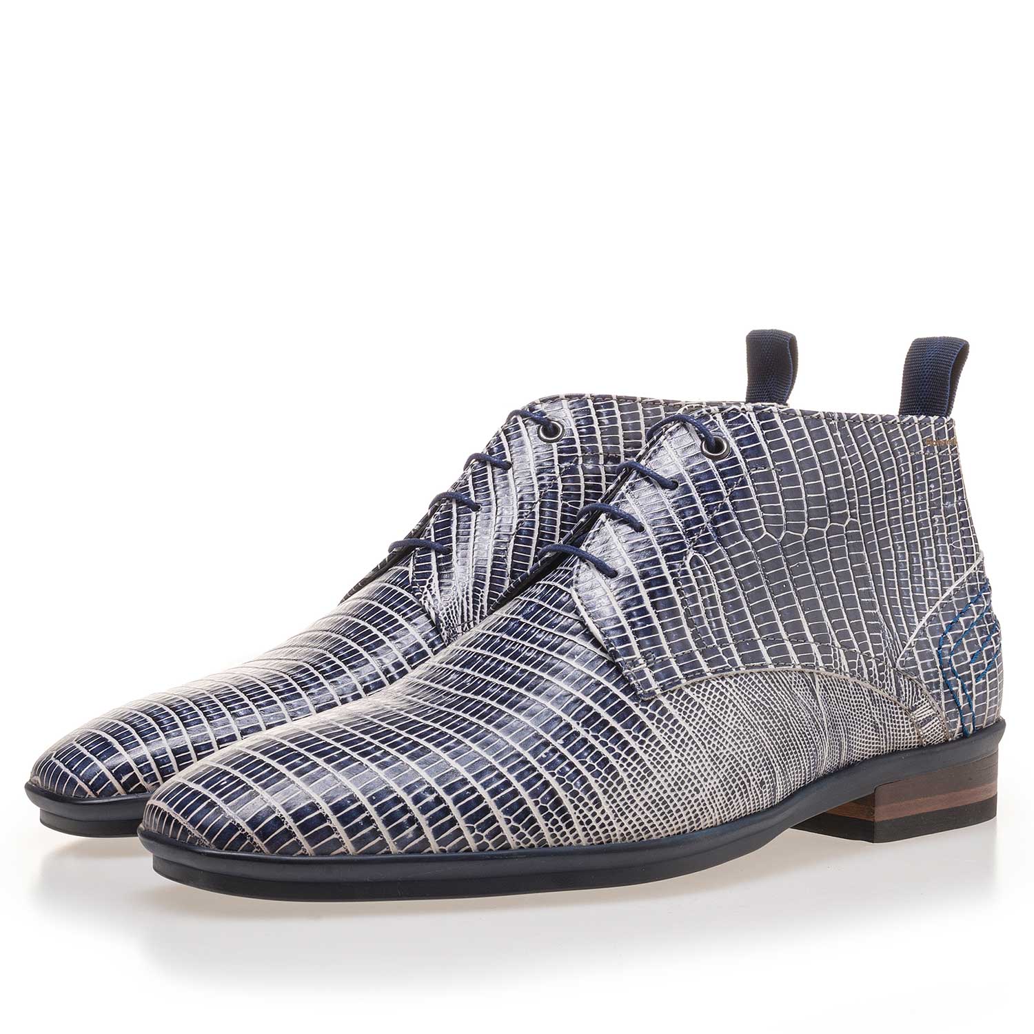 10960/12 - Blauwe veterboot van leer met lizardprint 10960/12 - Blauwe veterboot van leer met lizardprint