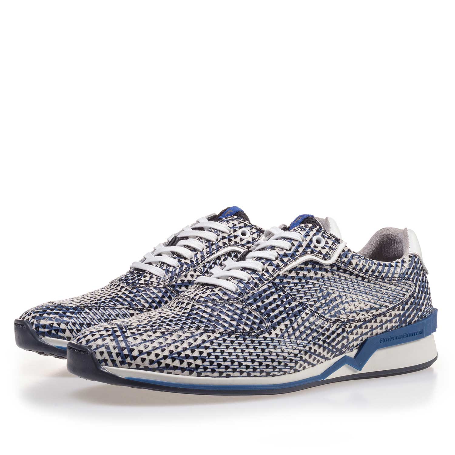 16225/02 - Blauw/witte leren sneaker met dessin 16225/02 - Blauw/witte leren sneaker met dessin