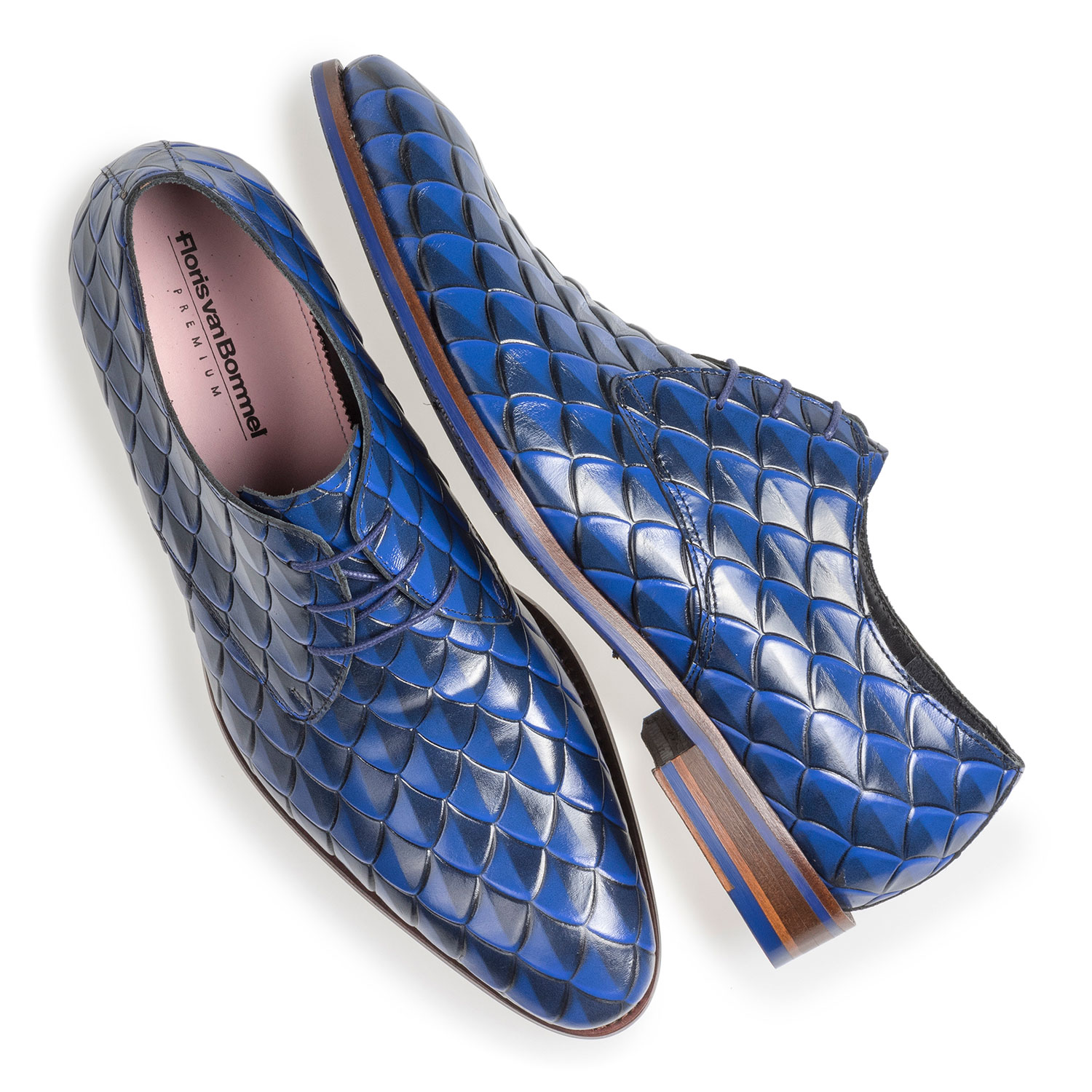 18167/03 - Premium blauwe leren veterschoen met print 18167/03 - Premium blauwe leren veterschoen met print