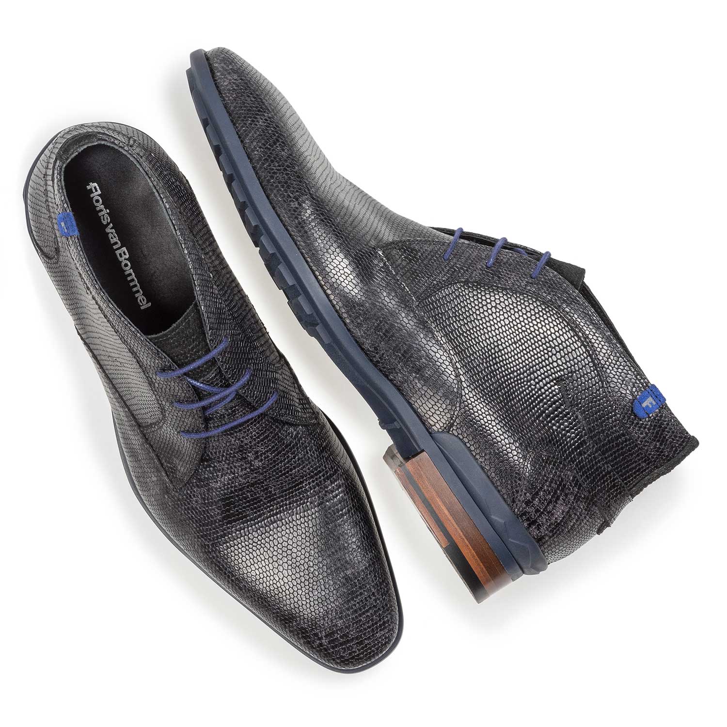 10629/05 - Zwarte leren veterboot met lizardprint 10629/05 - Zwarte leren veterboot met lizardprint