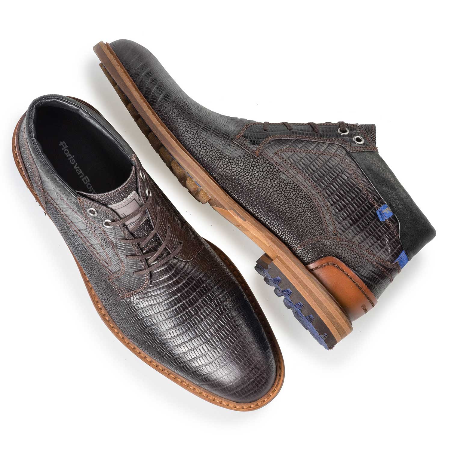 10228/02 - Dark brown leather lace boot with lizard print 10228/02 - Dark brown leather lace boot with lizard print