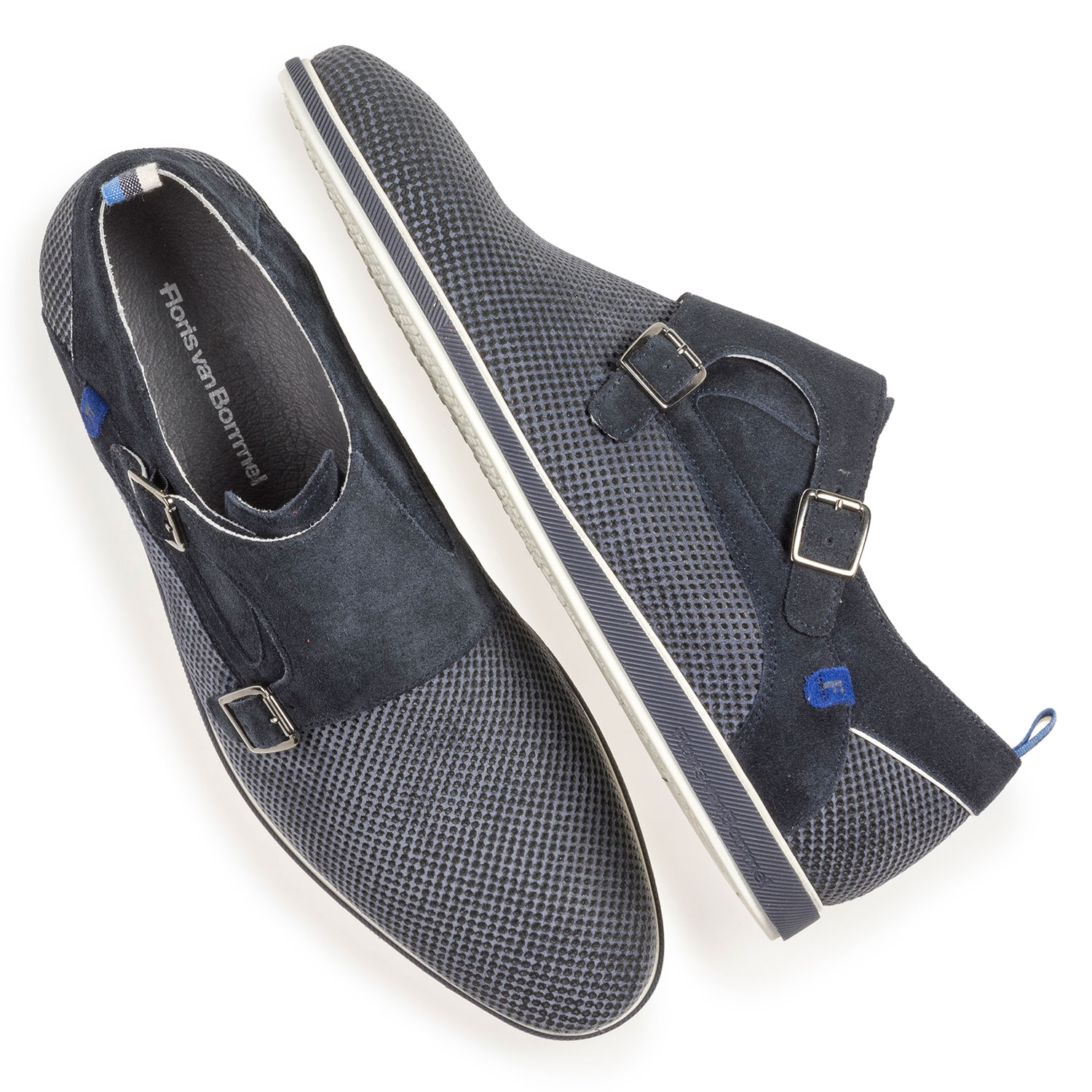 12201/13 - Dark blue suede leather monk strap with print 12201/13 - Dark blue suede leather monk strap with print