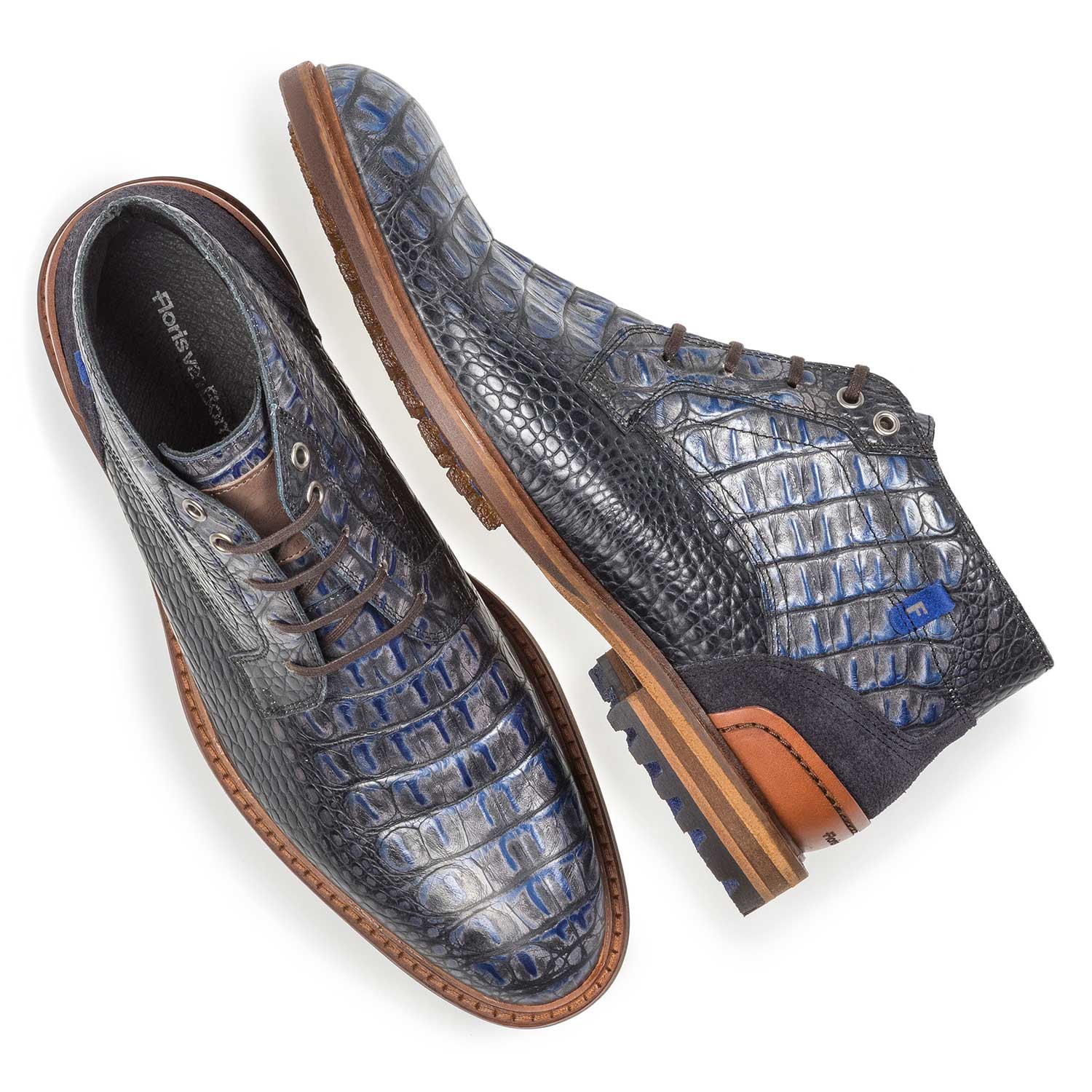 20228/23 - Blauwe leren veterboot met crocoprint 20228/23 - Blauwe leren veterboot met crocoprint