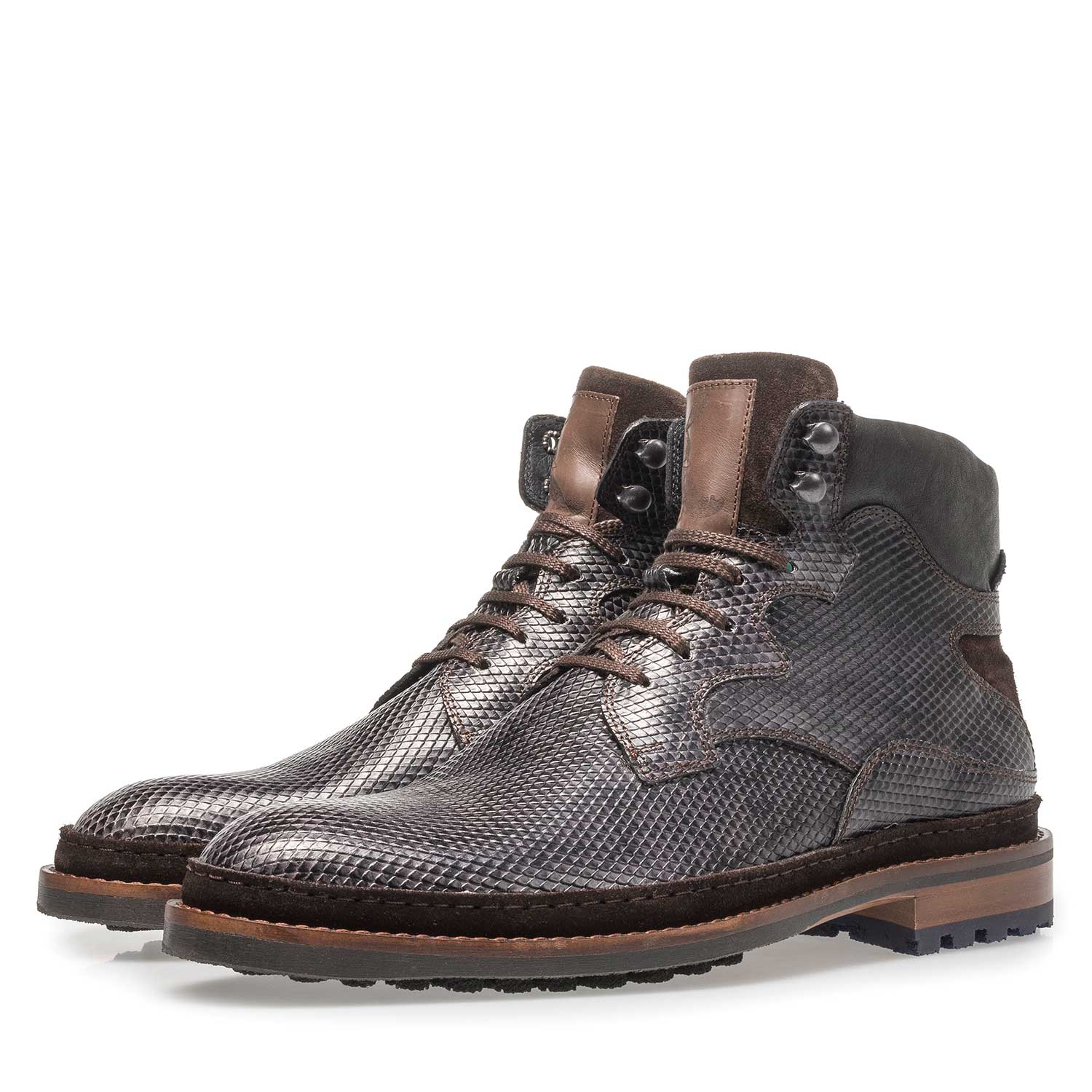 10503/04 - Donkergrijze leren veterboot met snakeprint 10503/04 - Donkergrijze leren veterboot met snakeprint