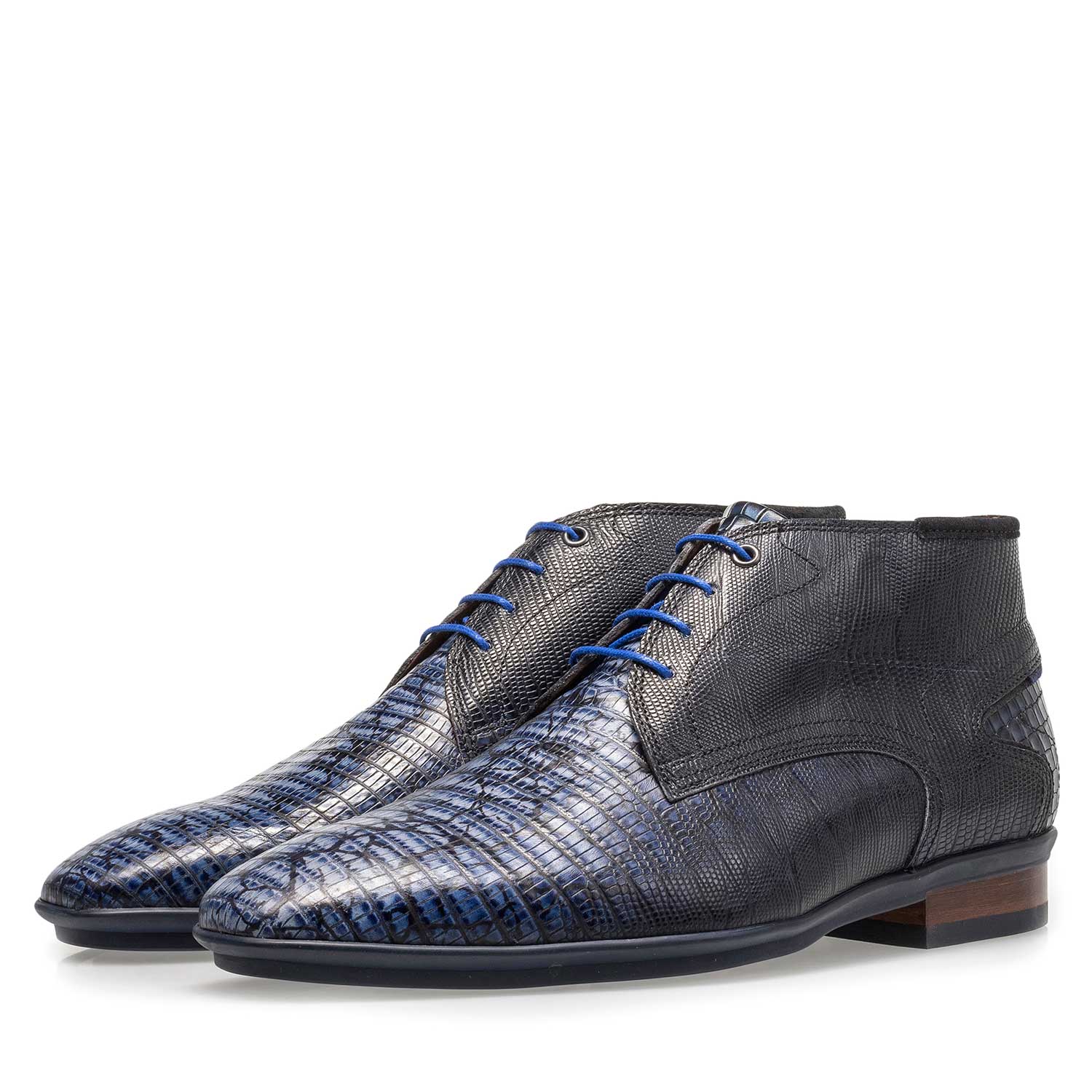 10131/12 - Blauwe kalfsleren veterschoen met lizardprint 10131/12 - Blauwe kalfsleren veterschoen met lizardprint