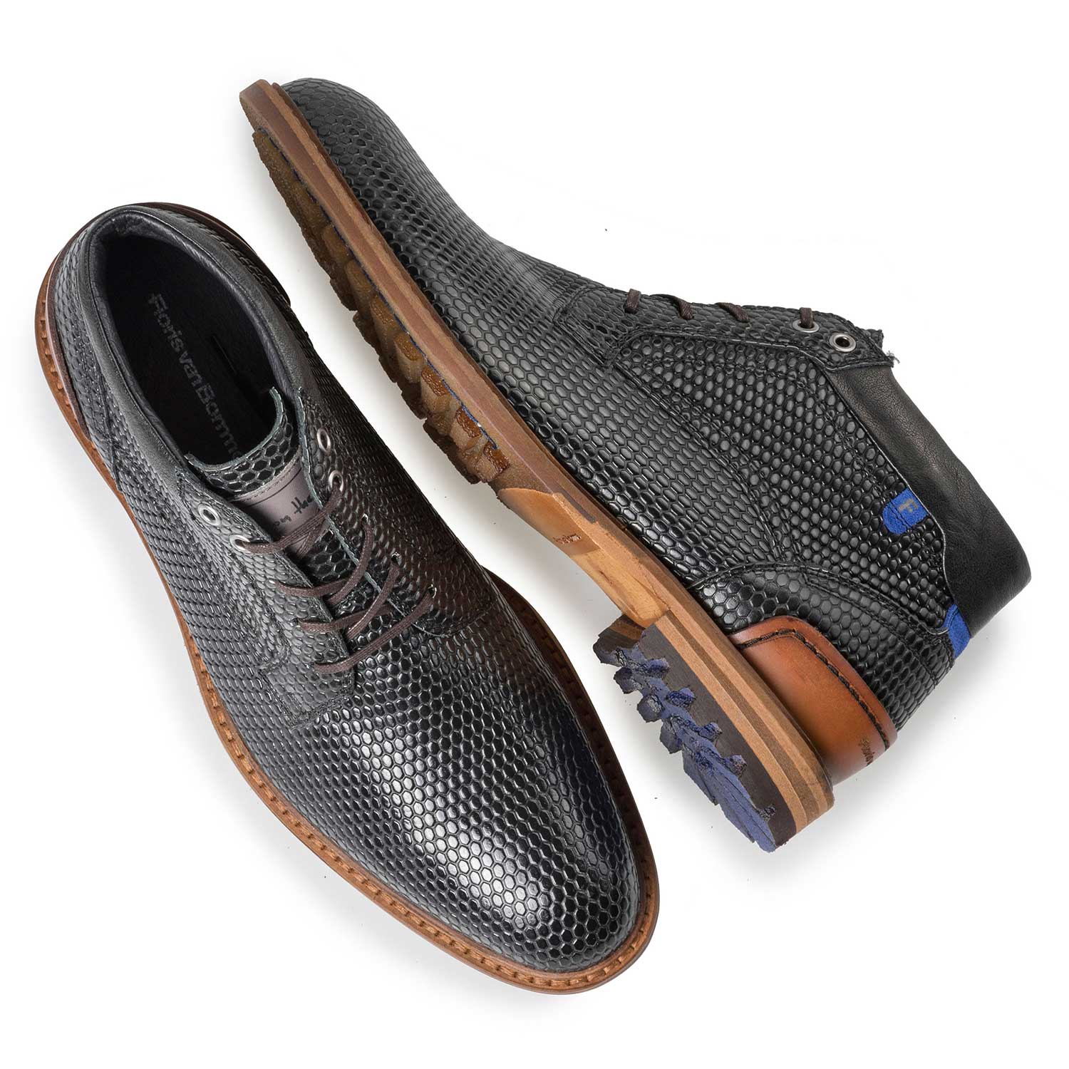 10228/06 - Black leather lace boot with a structural print 10228/06 - Black leather lace boot with a structural print