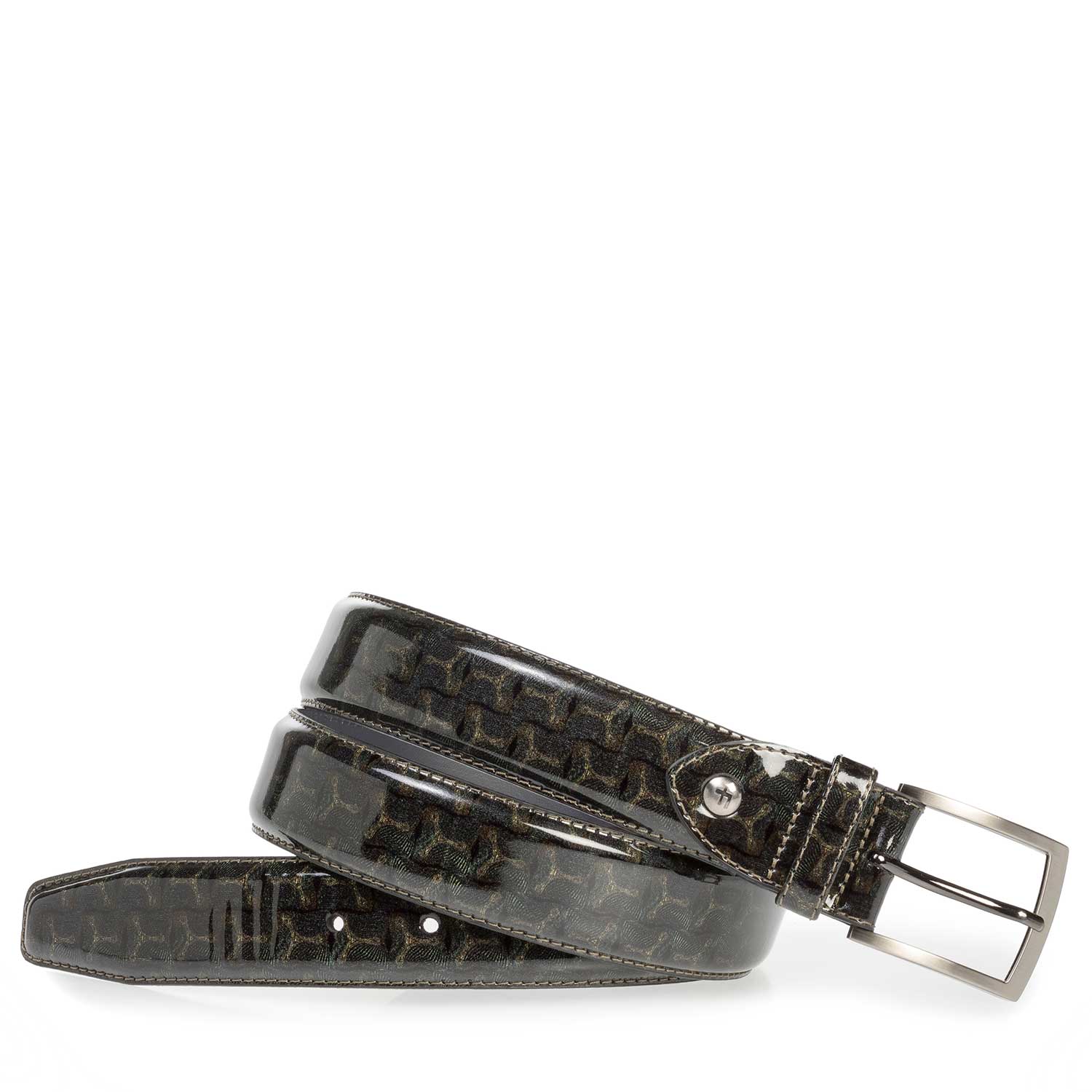 75201/53 - Olijfgroene lakleren riem met print 75201/53 - Olijfgroene lakleren riem met print