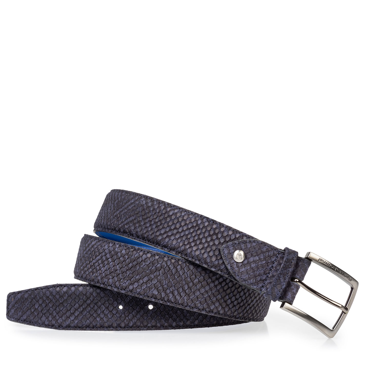 75204/12 - Suède riem blauw met zwarte print 75204/12 - Suède riem blauw met zwarte print