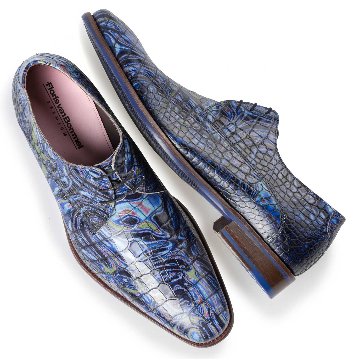 14267/03 - Blue Premium leather lace shoe with croco print 14267/03 - Blue Premium leather lace shoe with croco print