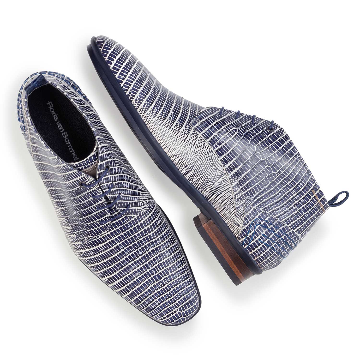 10960/12 - Blauwe veterboot van leer met lizardprint 10960/12 - Blauwe veterboot van leer met lizardprint