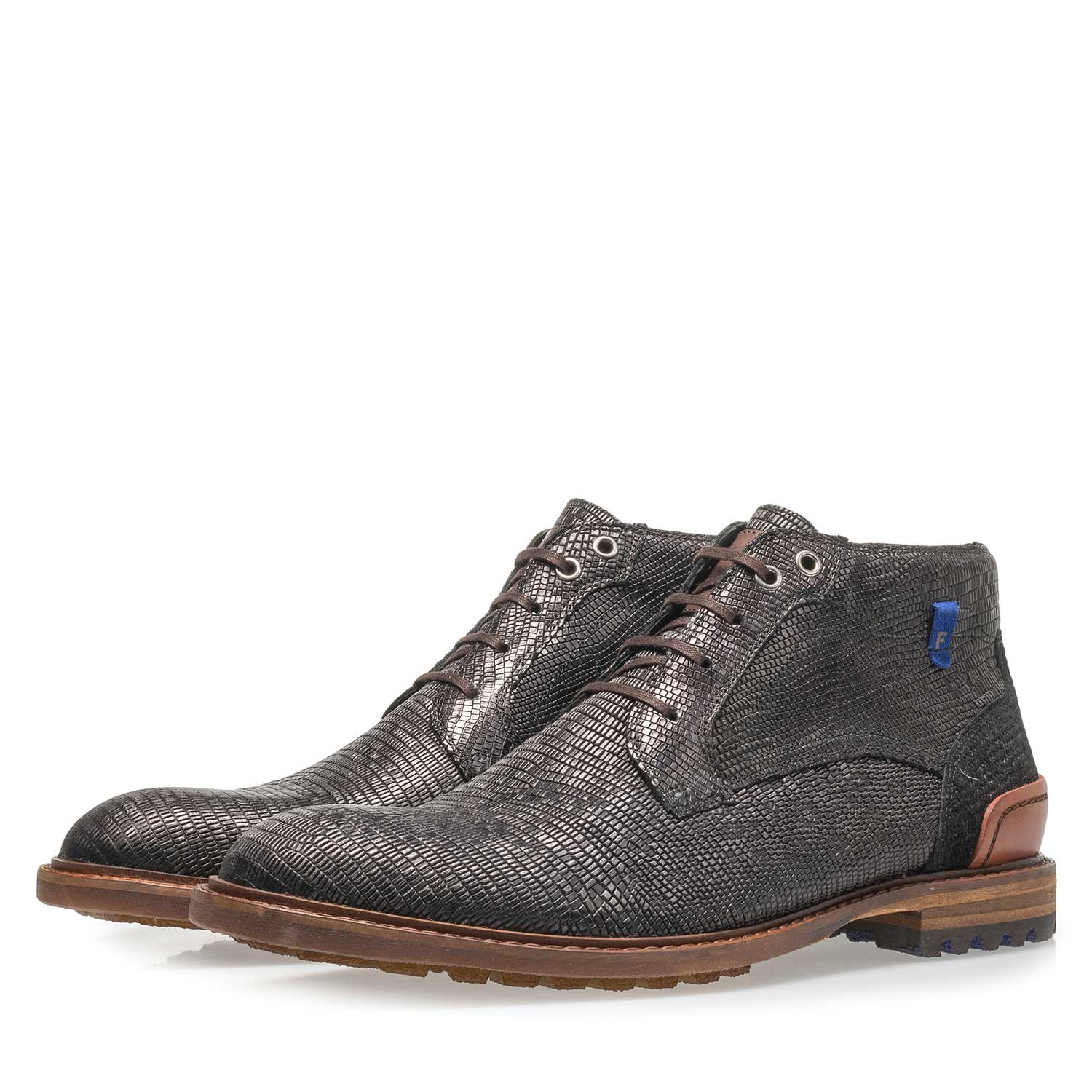 20228/18 - Black leather lace boot with lizard print 20228/18 - Black leather lace boot with lizard print
