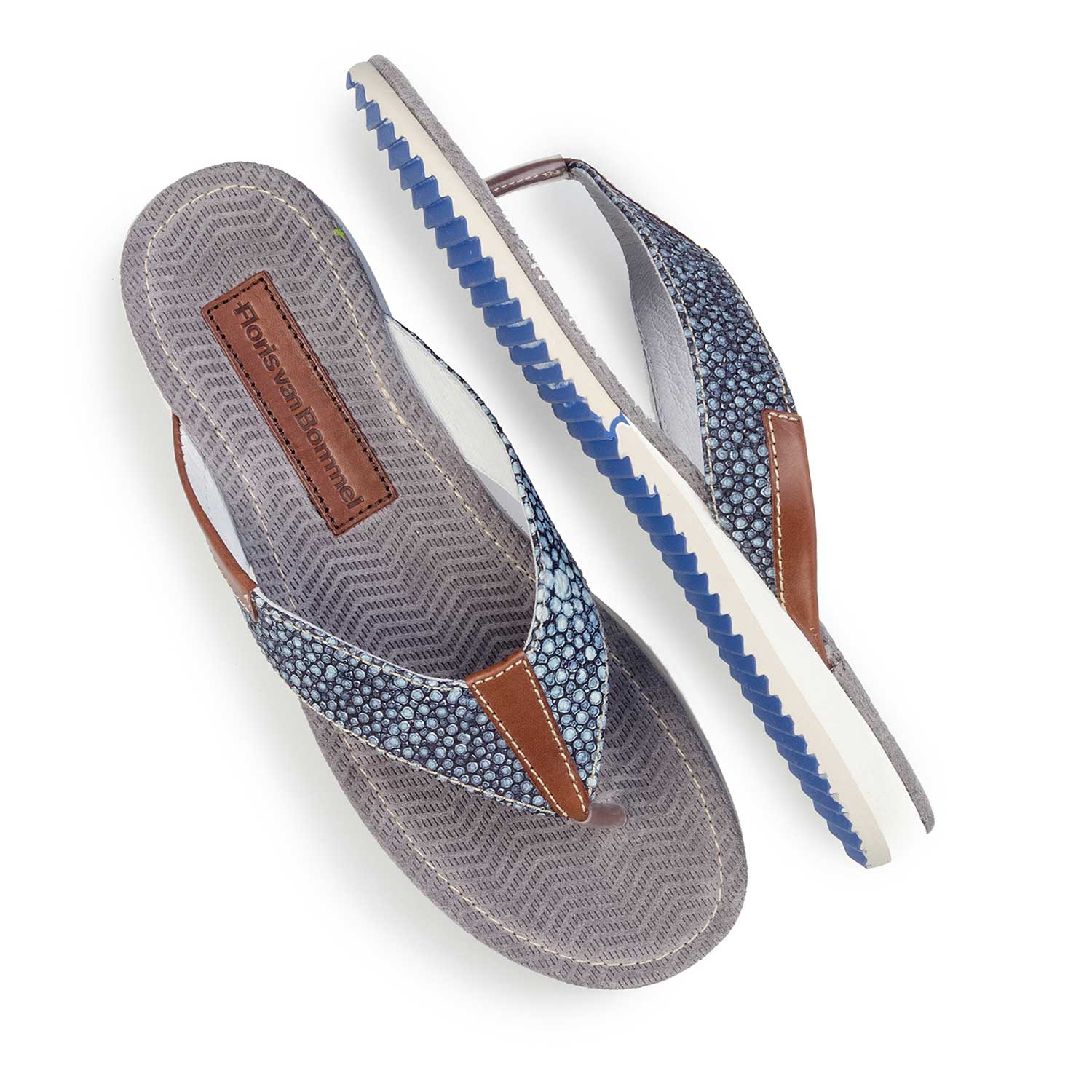 20022/19 - Blue, printed leather thong slipper 20022/19 - Blue, printed leather thong slipper
