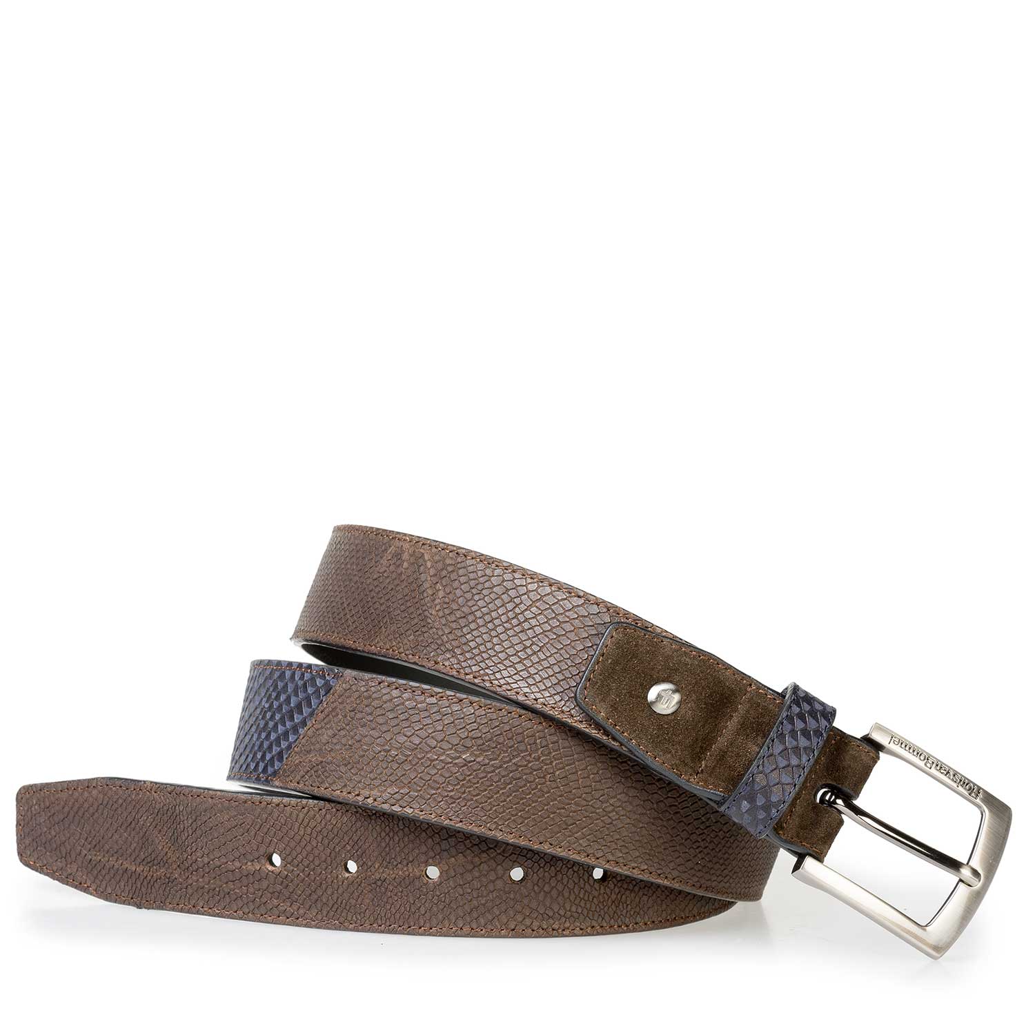 75161/18 - Bruine nubuckleren riem met dessin 75161/18 - Bruine nubuckleren riem met dessin