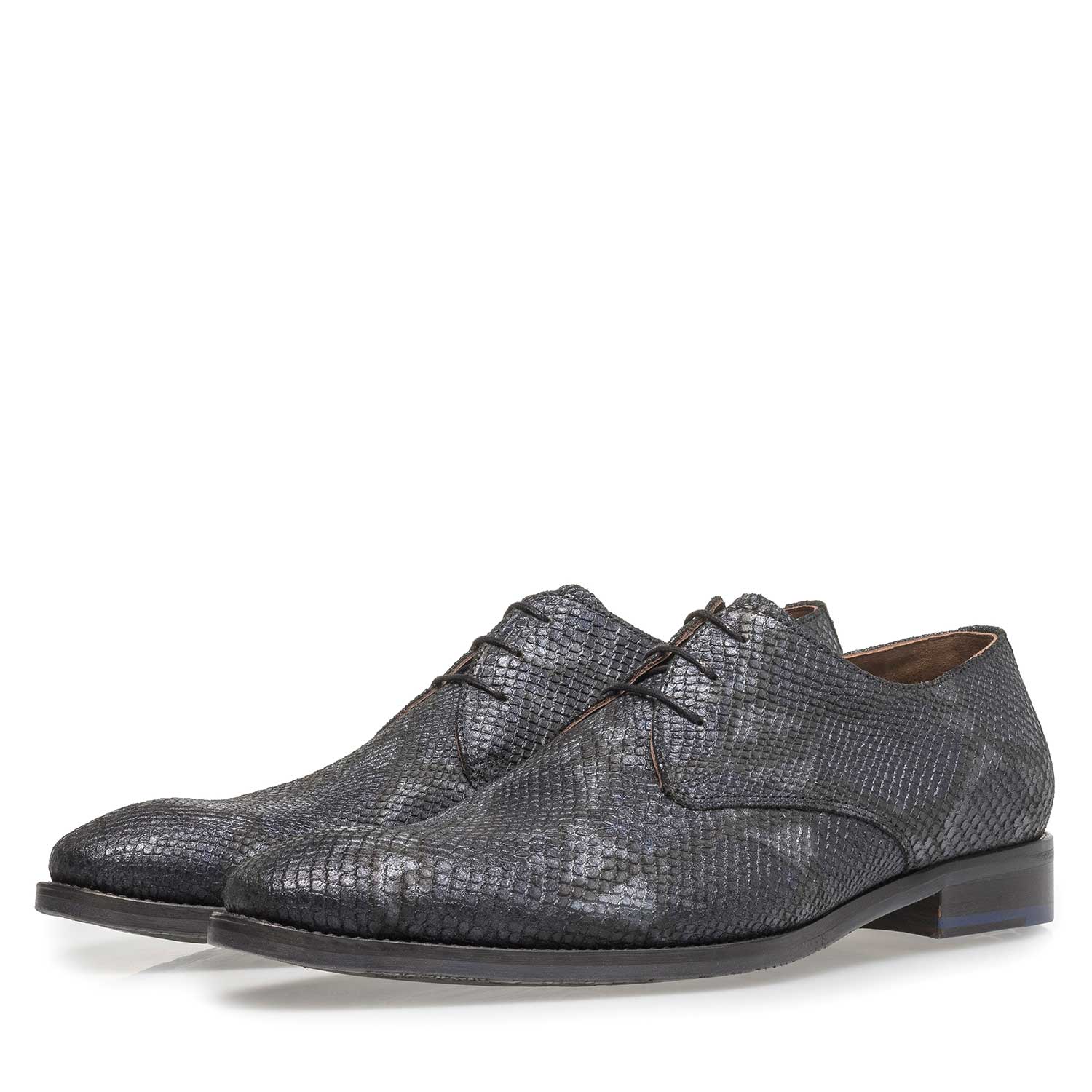 18124/01 - Blauwe leren veterschoen met snakeprint 18124/01 - Blauwe leren veterschoen met snakeprint