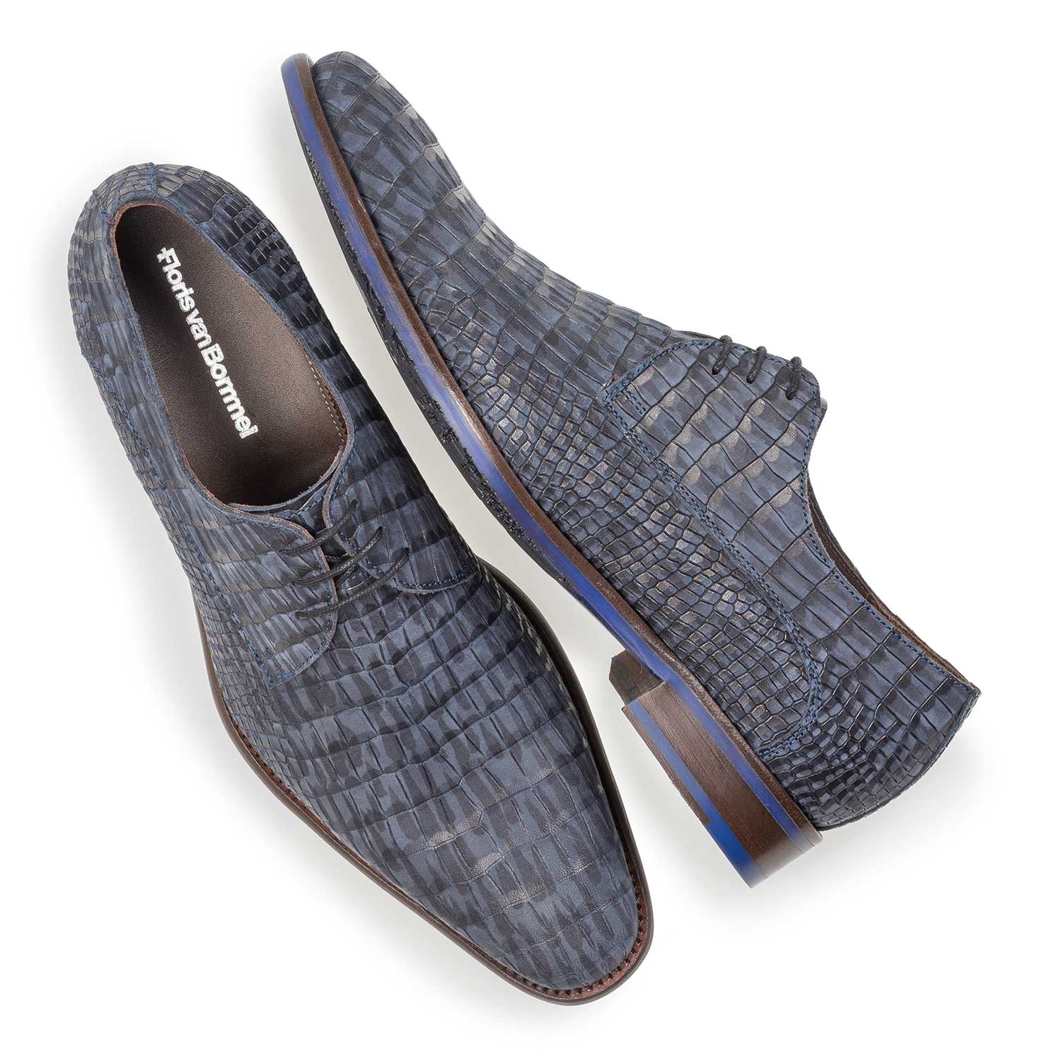 18159/11 - Blauwe nubuckleren veterschoen met crocoprint 18159/11 - Blauwe nubuckleren veterschoen met crocoprint