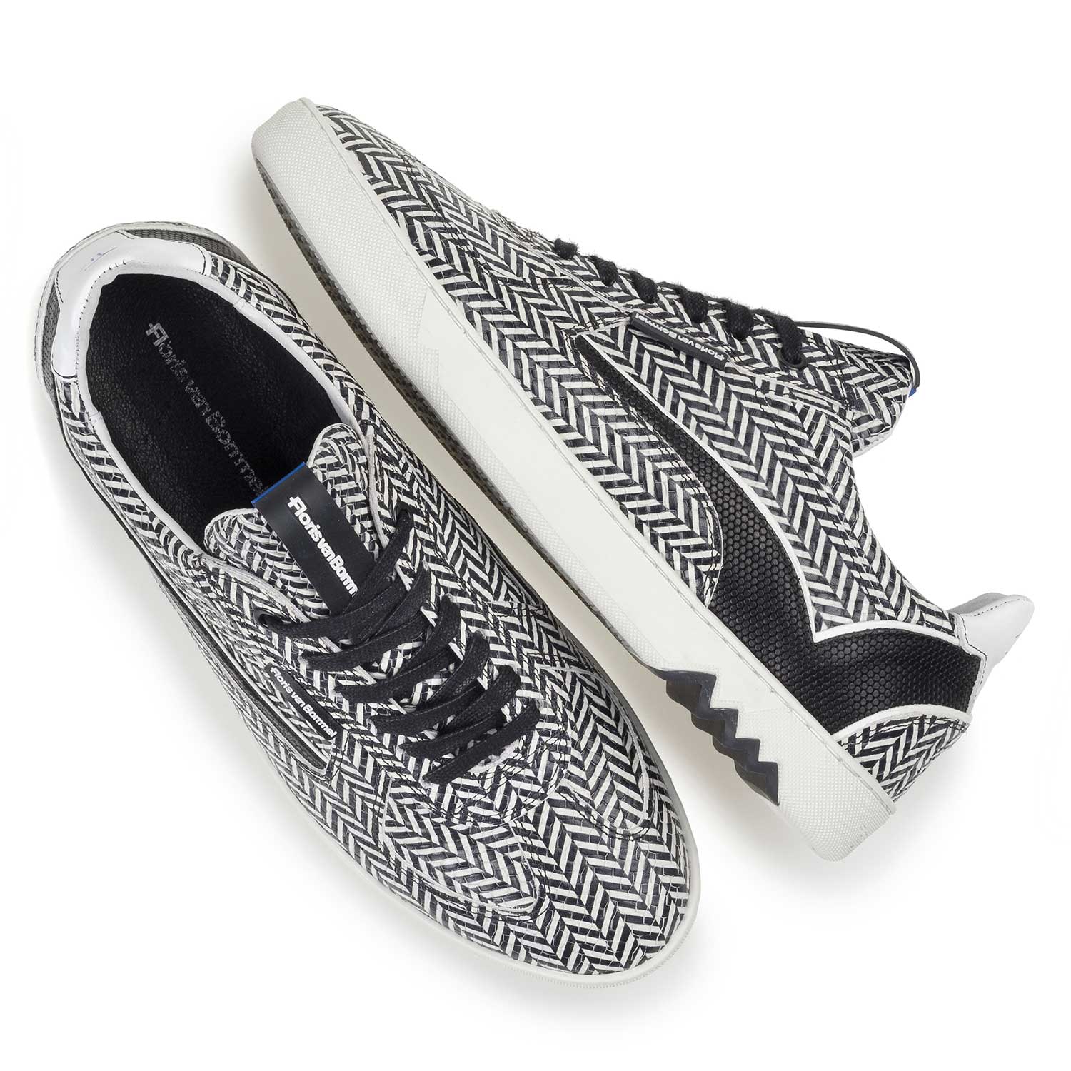 16342/07 - Zwart/witte leren sneaker met visgraatdessin 16342/07 - Zwart/witte leren sneaker met visgraatdessin