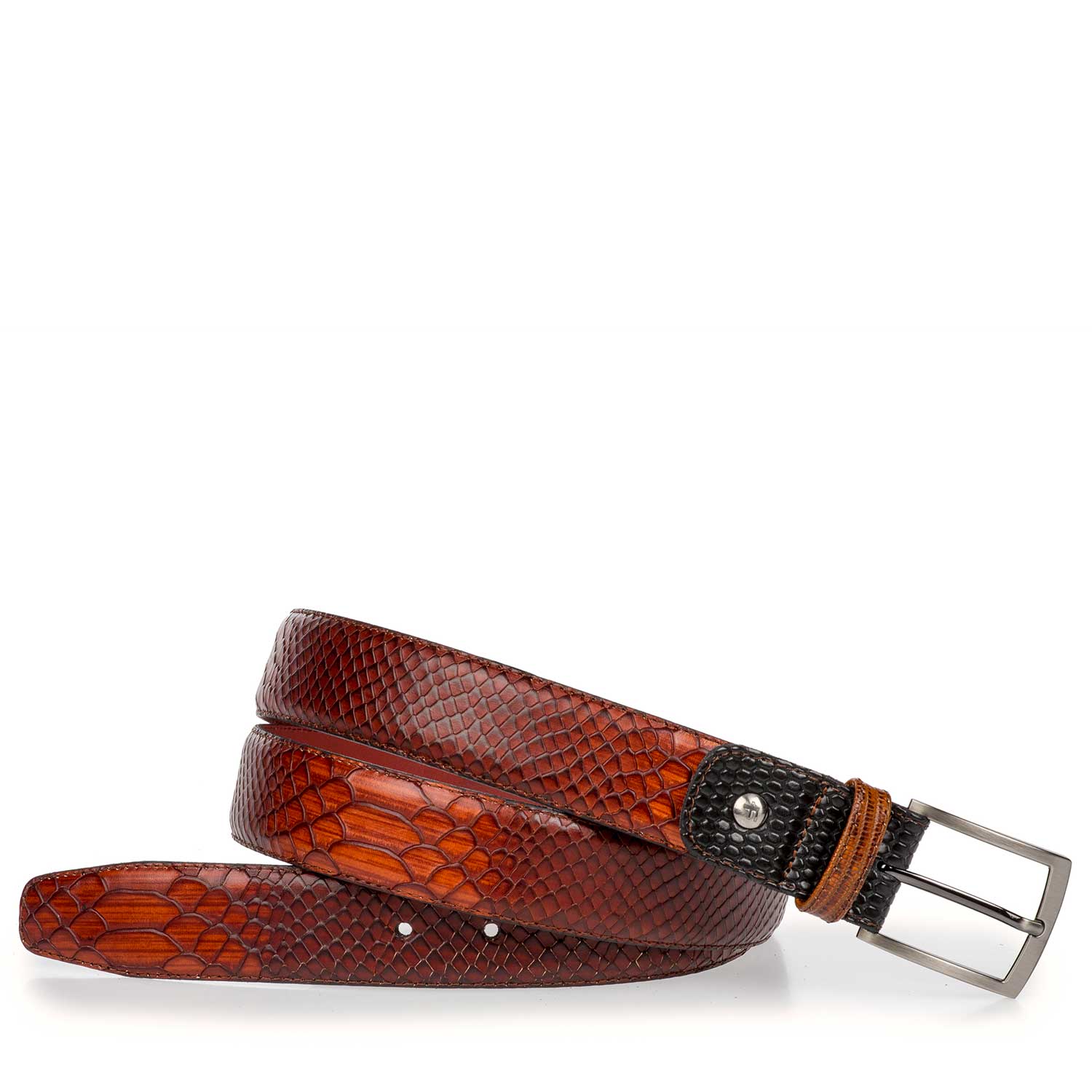 75188/11 - Donker cognac leren riem met snakeprint 75188/11 - Donker cognac leren riem met snakeprint