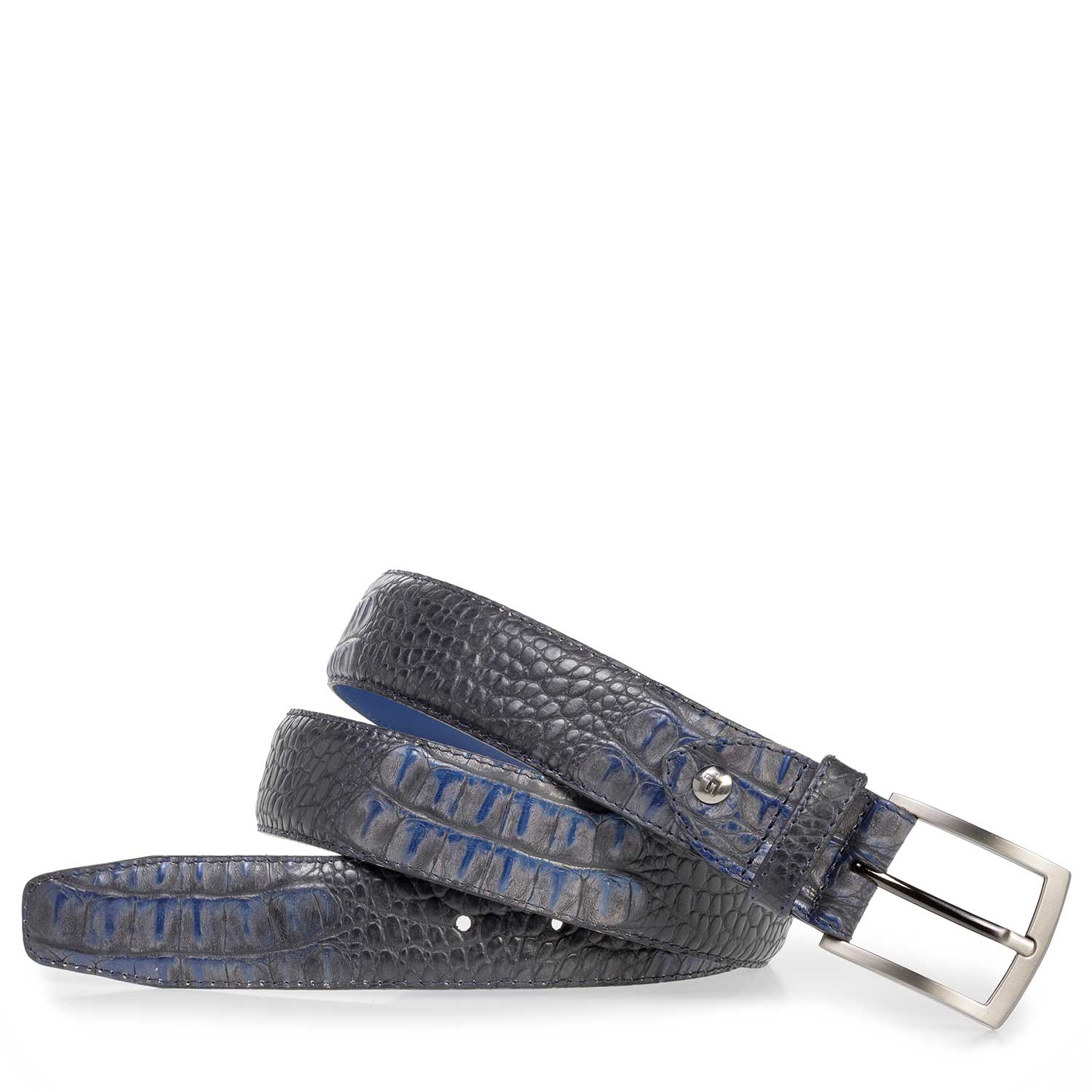 75201/35 - Blauwe leren riem met crocoprint 75201/35 - Blauwe leren riem met crocoprint