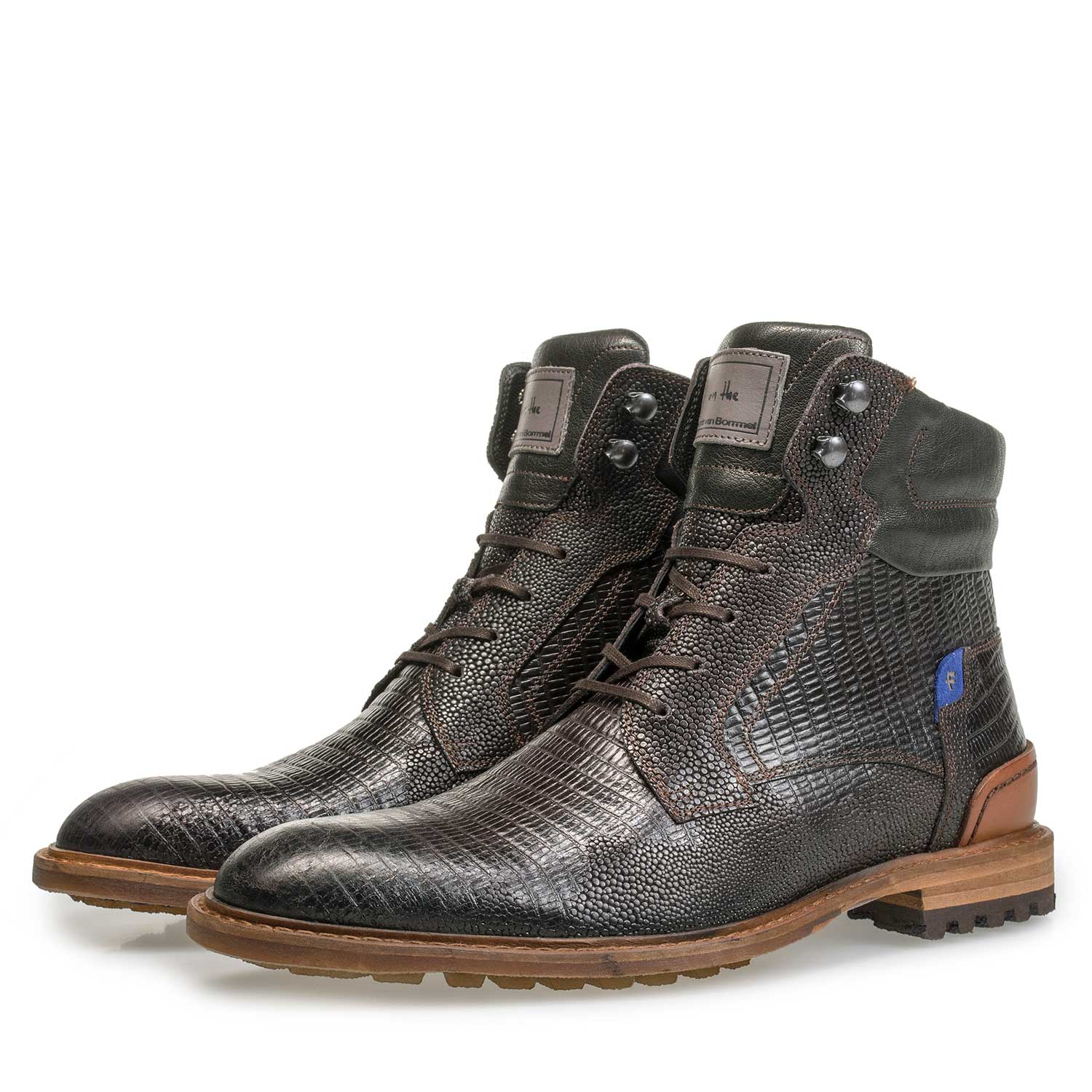 10234/02 - Dark brown leather lace boot with lizard print 10234/02 - Dark brown leather lace boot with lizard print