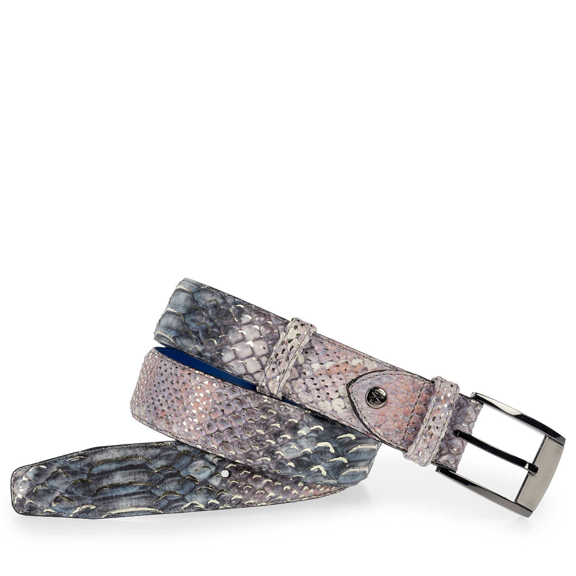 75180/38 - Premium blauwe riem van leer met snakeprint 75180/38 - Premium blauwe riem van leer met snakeprint