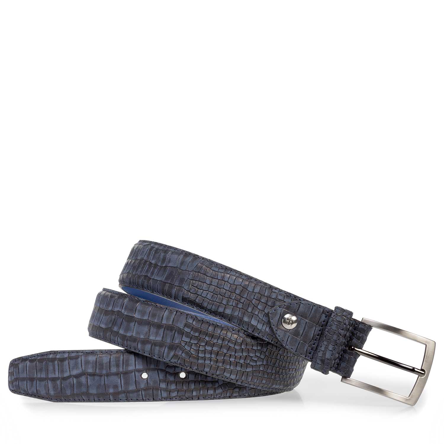 75201/39 - Donkerblauwe nubuckleren riem met crocoprint 75201/39 - Donkerblauwe nubuckleren riem met crocoprint