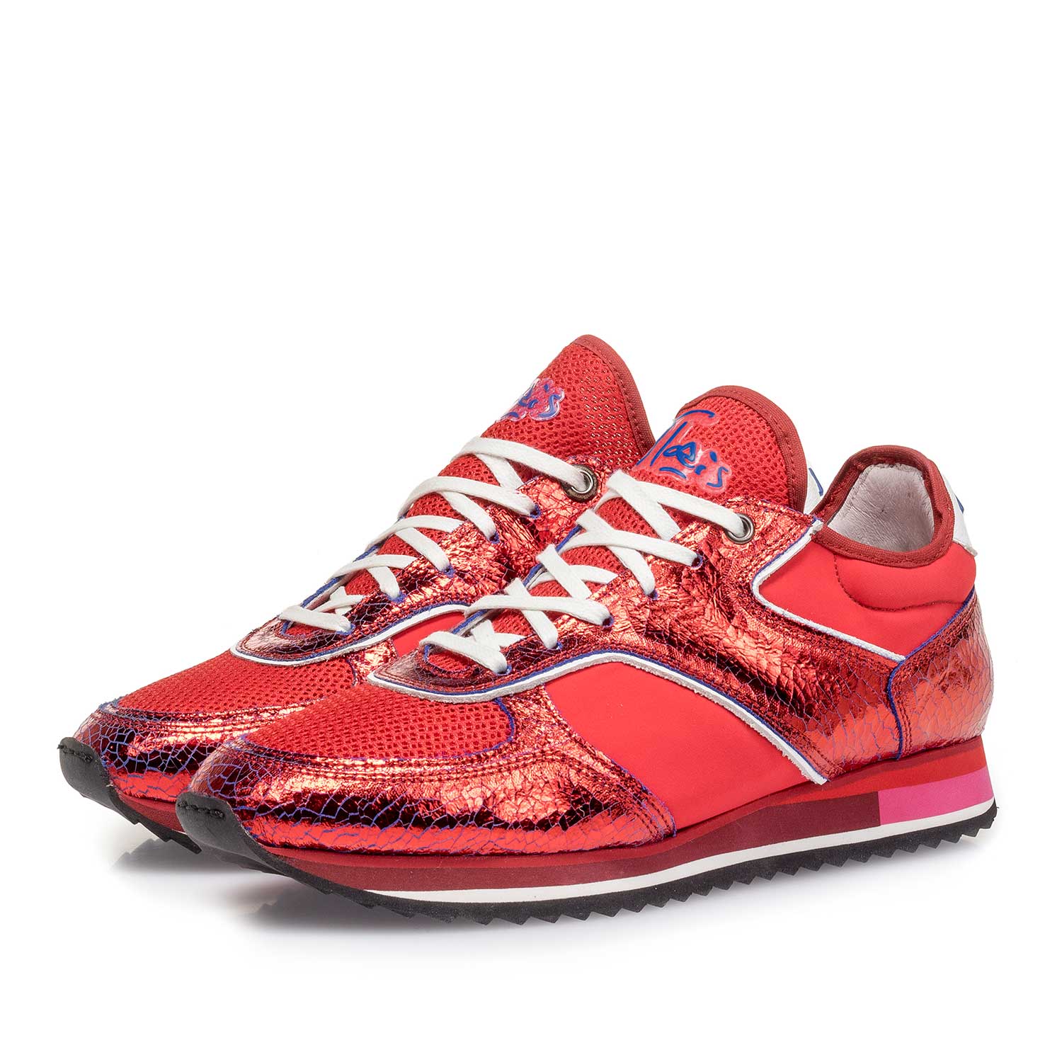 85261/02 - Rode metallic leren sneaker met changeant effect 85261/02 - Rode metallic leren sneaker met changeant effect