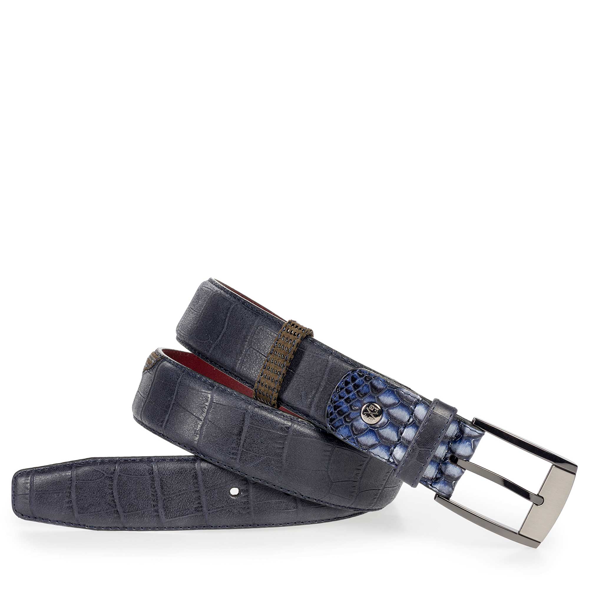 75176/07 - Donkerblauwe kalfsleren riem met crocoprint 75176/07 - Donkerblauwe kalfsleren riem met crocoprint