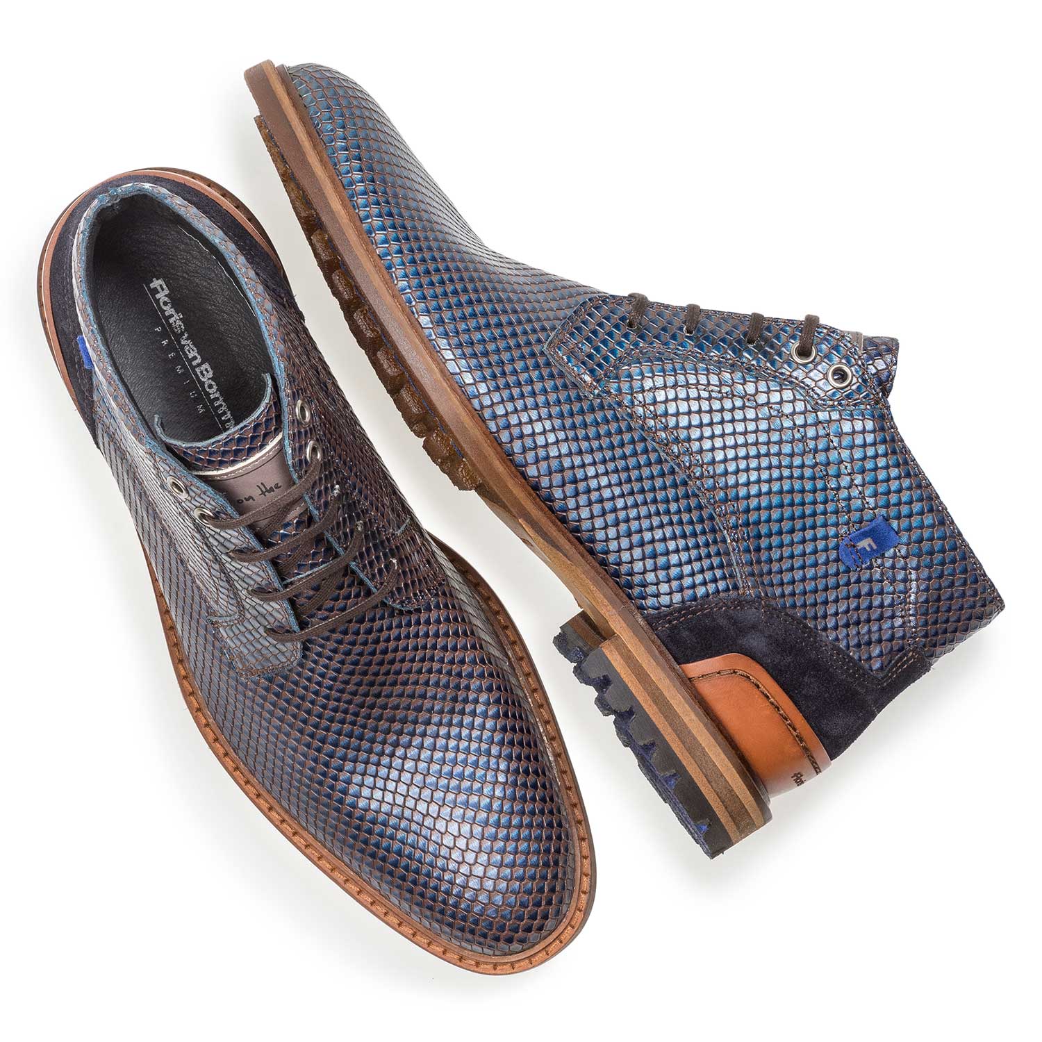 10683/01 - Premium blauwe metallic leren veterschoen met print 10683/01 - Premium blauwe metallic leren veterschoen met print