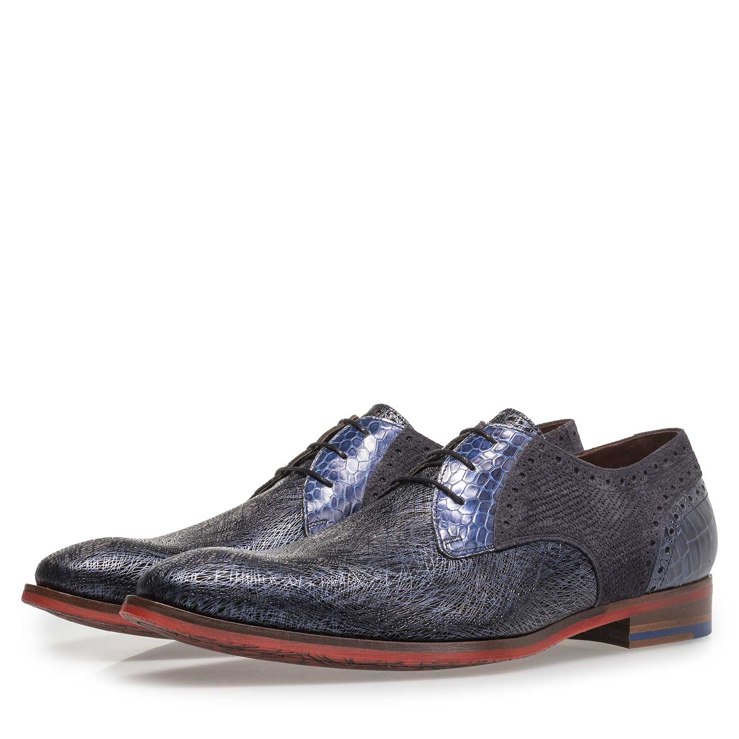 18106/07 - Blauwe leren veterschoen met metallicprint 18106/07 - Blauwe leren veterschoen met metallicprint