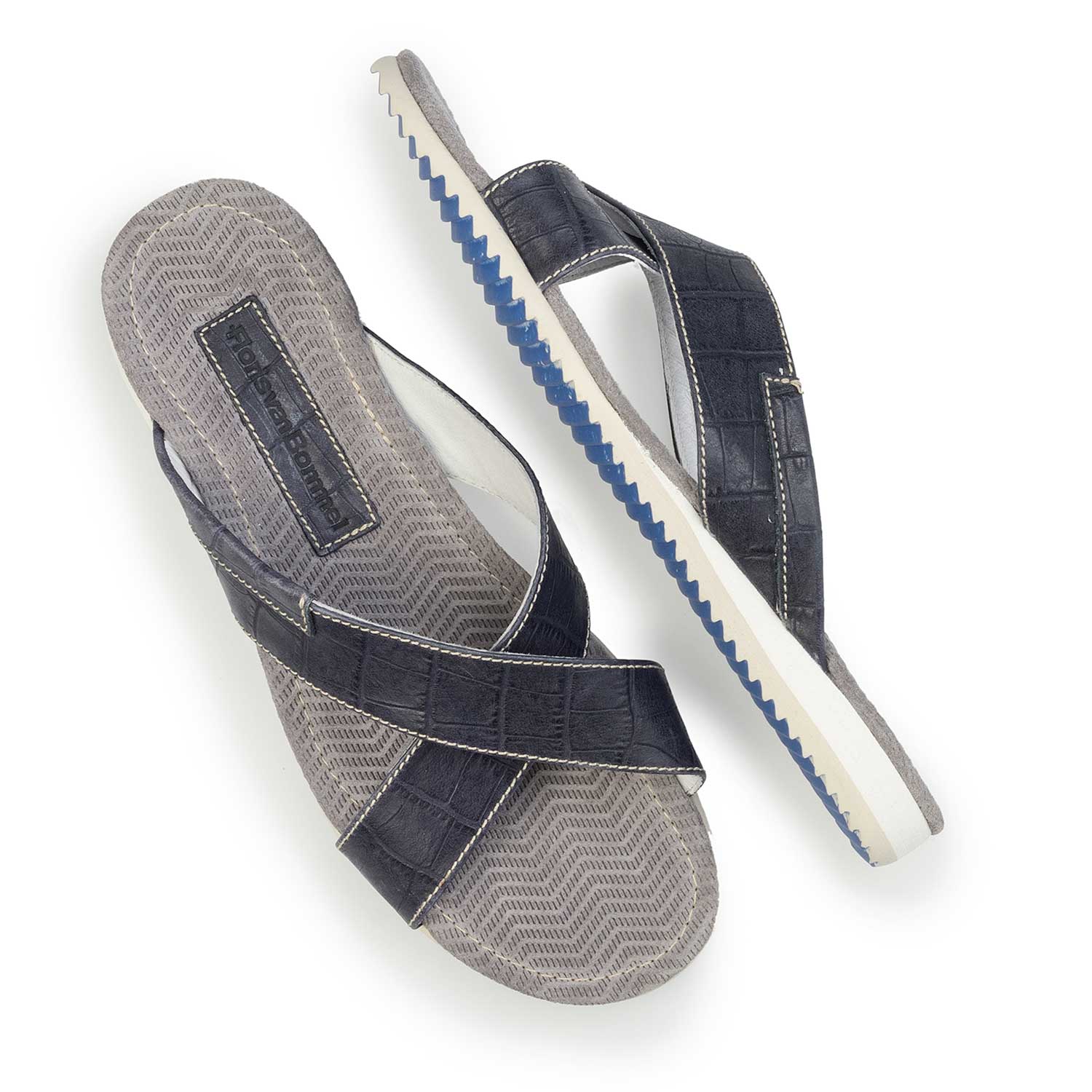 20023/21 - Donkerblauwe leren kruisband slipper met crocoprint 20023/21 - Donkerblauwe leren kruisband slipper met crocoprint